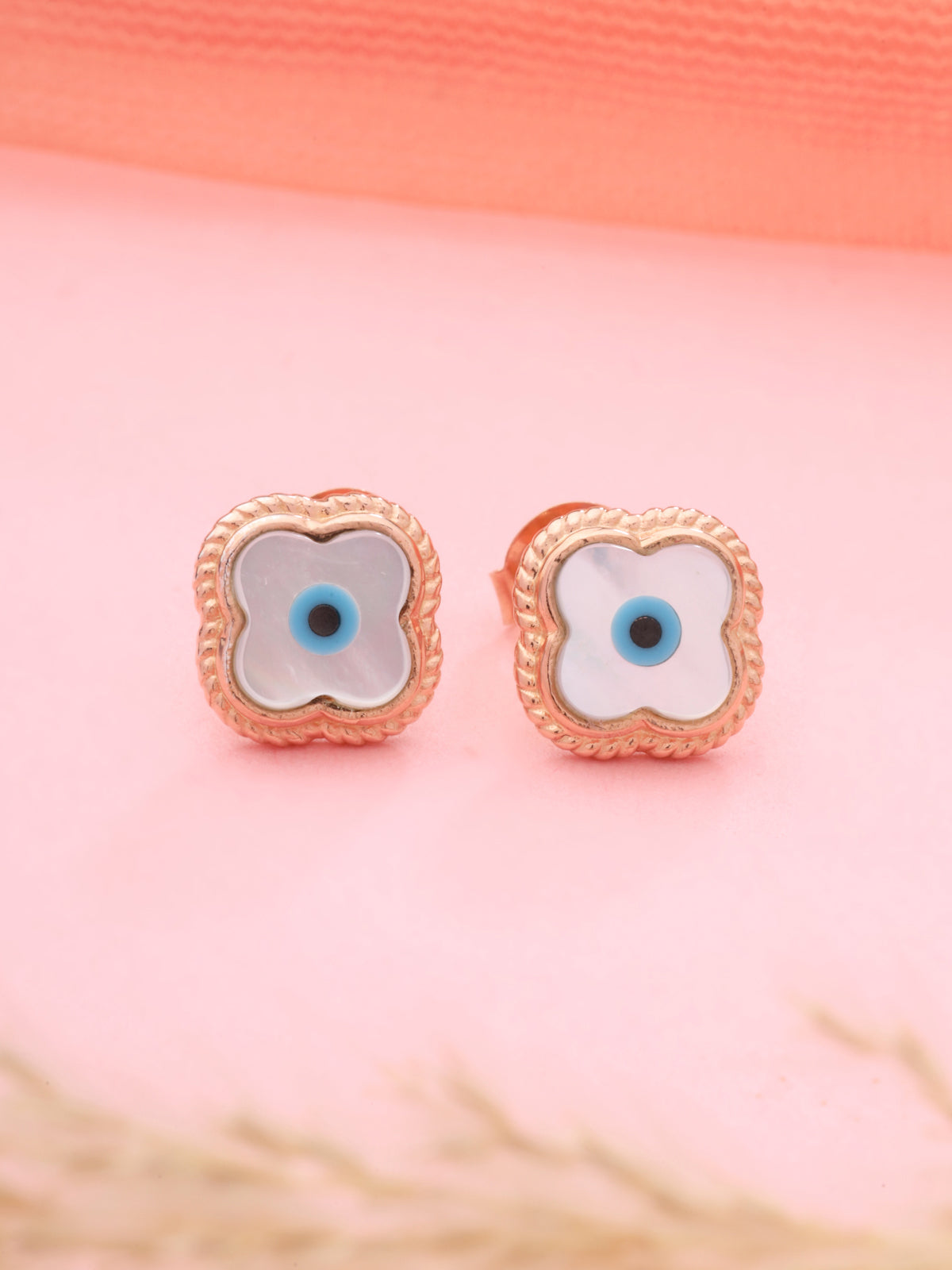 Rose Gold Plated 925 Sterling Silver Evil Eye Clover Stud Earrings