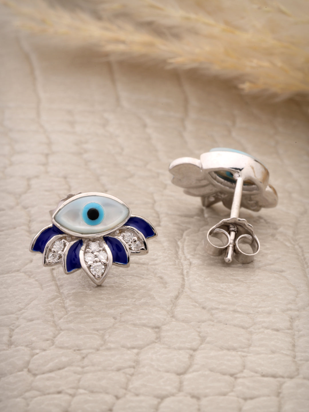 Evil Eye and Moissanite Stud Earrings in 925 Sterling Silver with Rhodium Plating