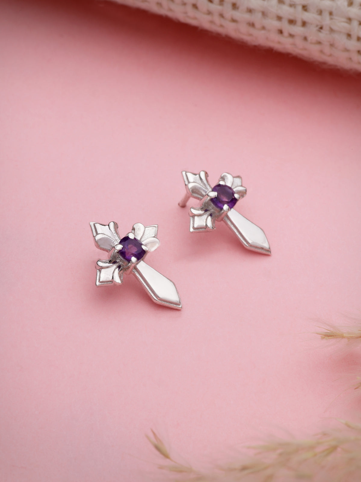 Amethyst Stud Earrings in 925 Sterling Silver with Rhodium Plating