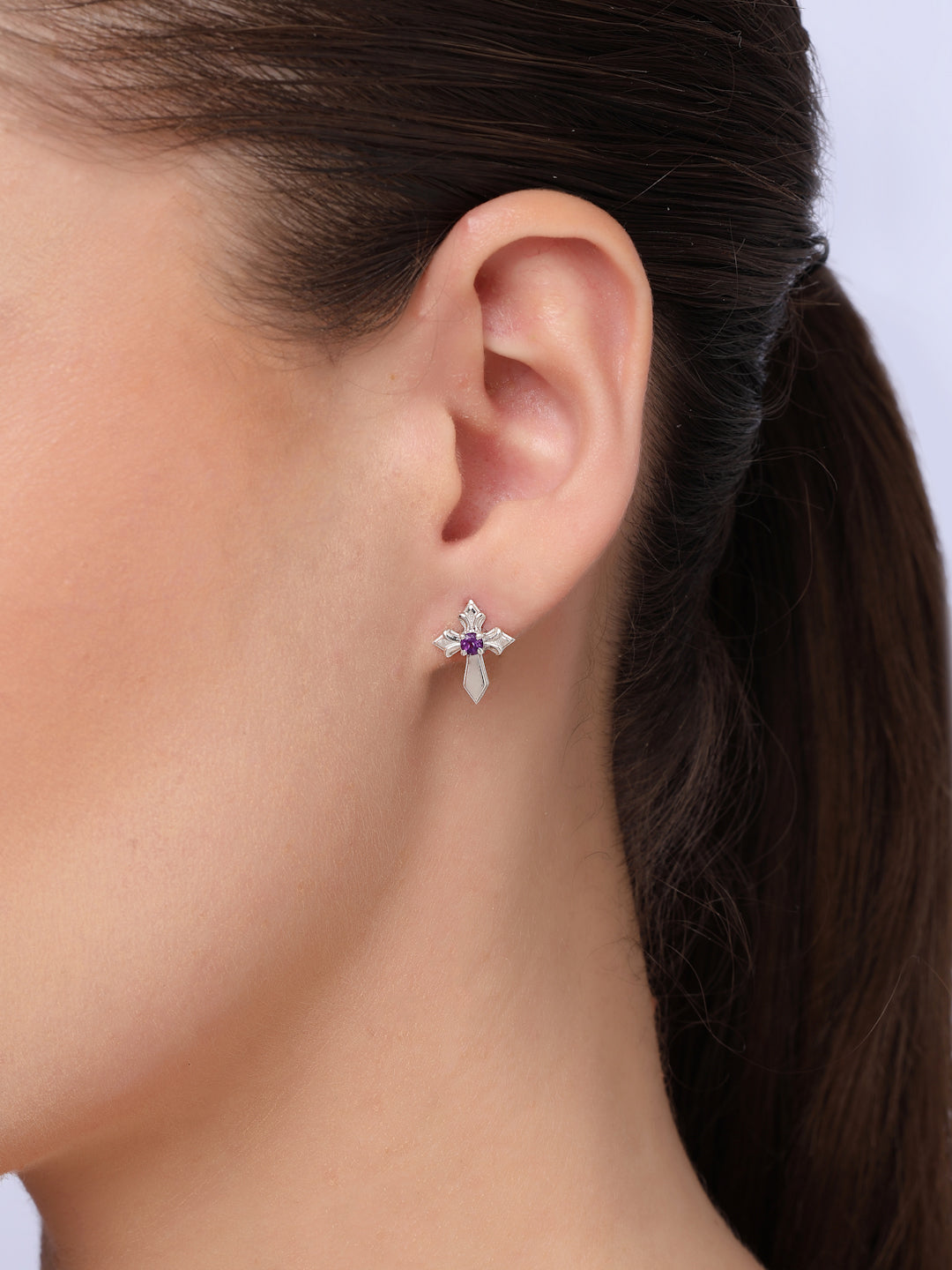 Amethyst Stud Earrings in 925 Sterling Silver with Rhodium Plating