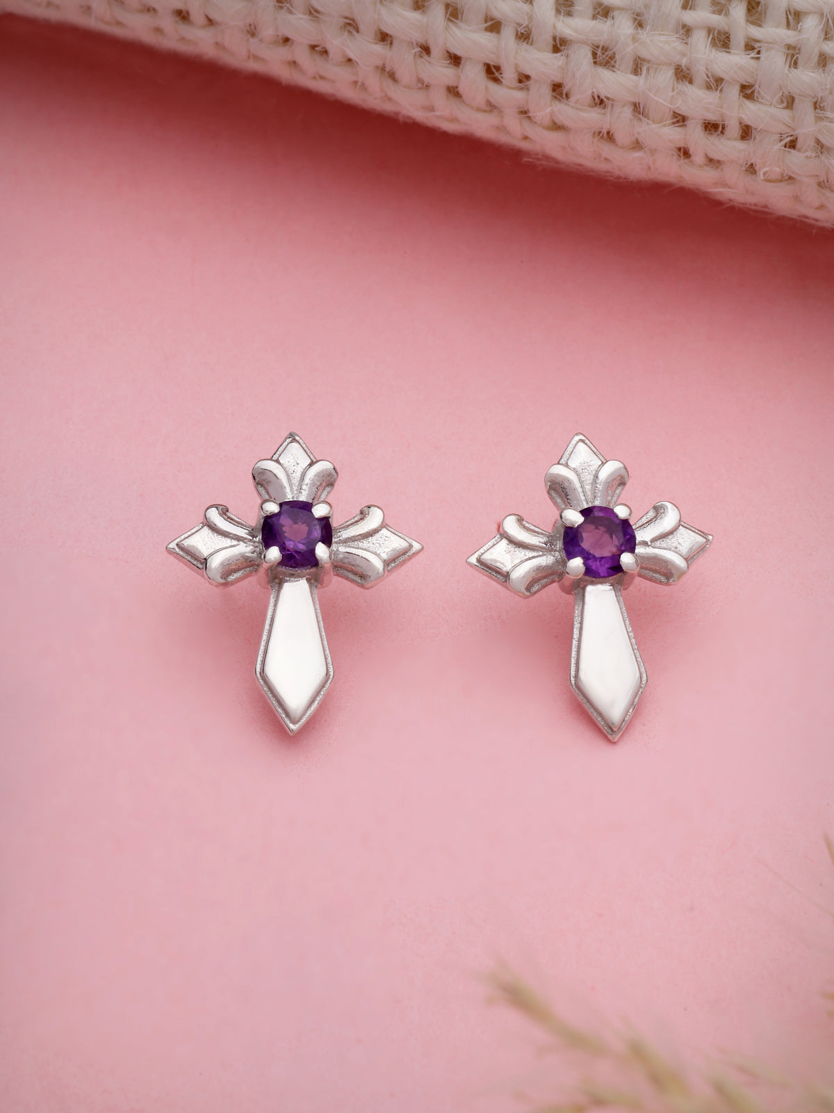 Amethyst Stud Earrings in 925 Sterling Silver with Rhodium Plating