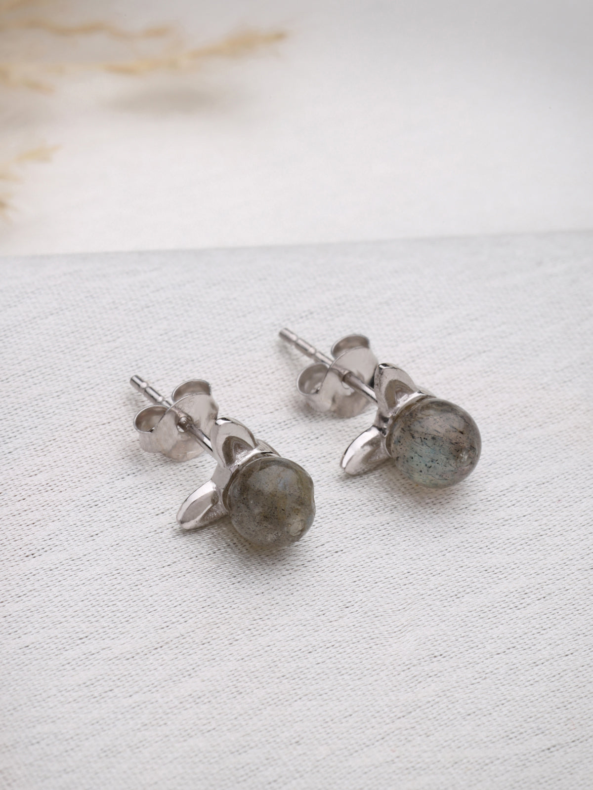 Labradorite Beads Stud Earrings in 925 Sterling Silver with Rhodium Plating