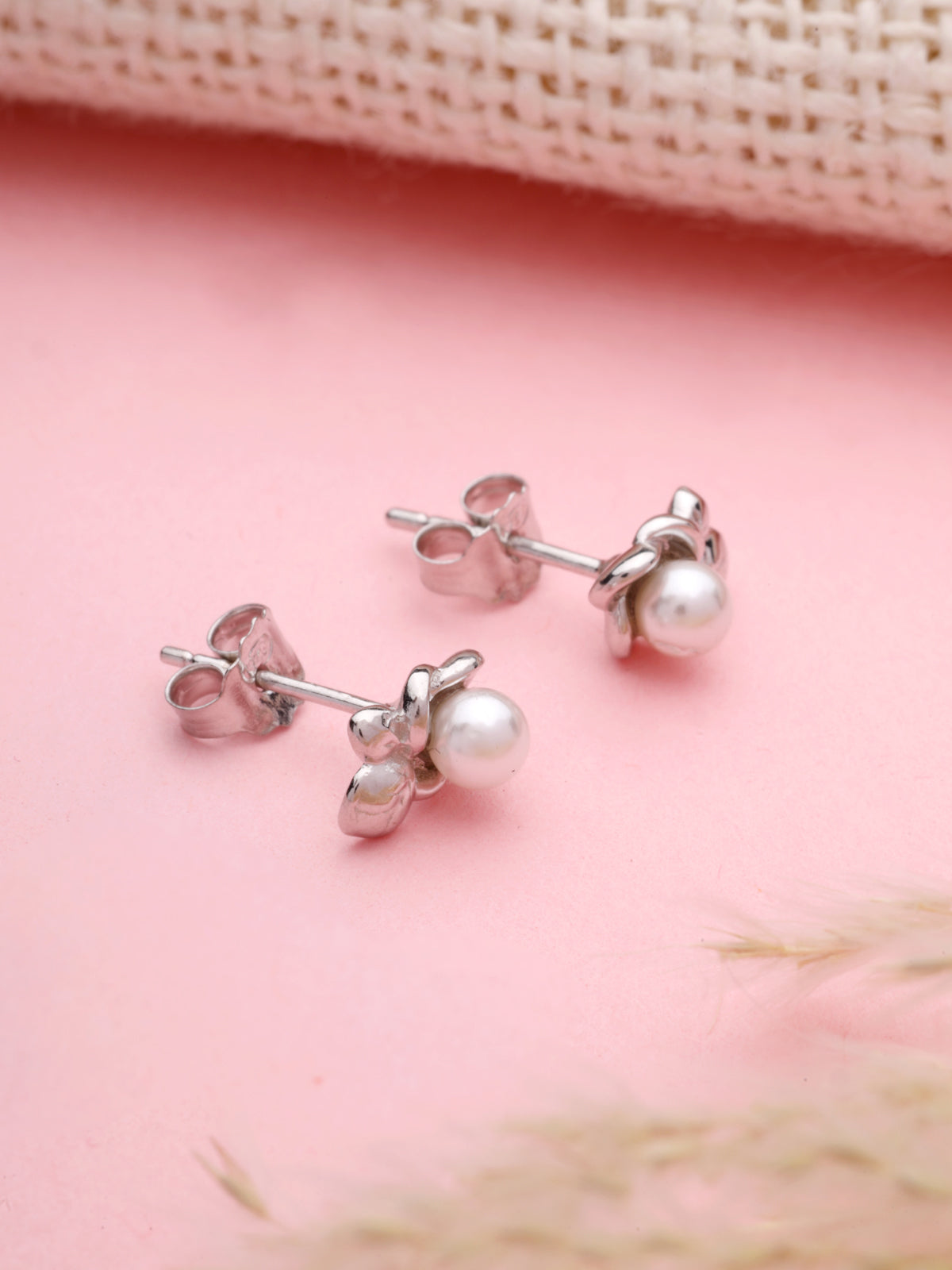 Pearl Stud Earrings in 925 Sterling Silver with Rhodium Plating