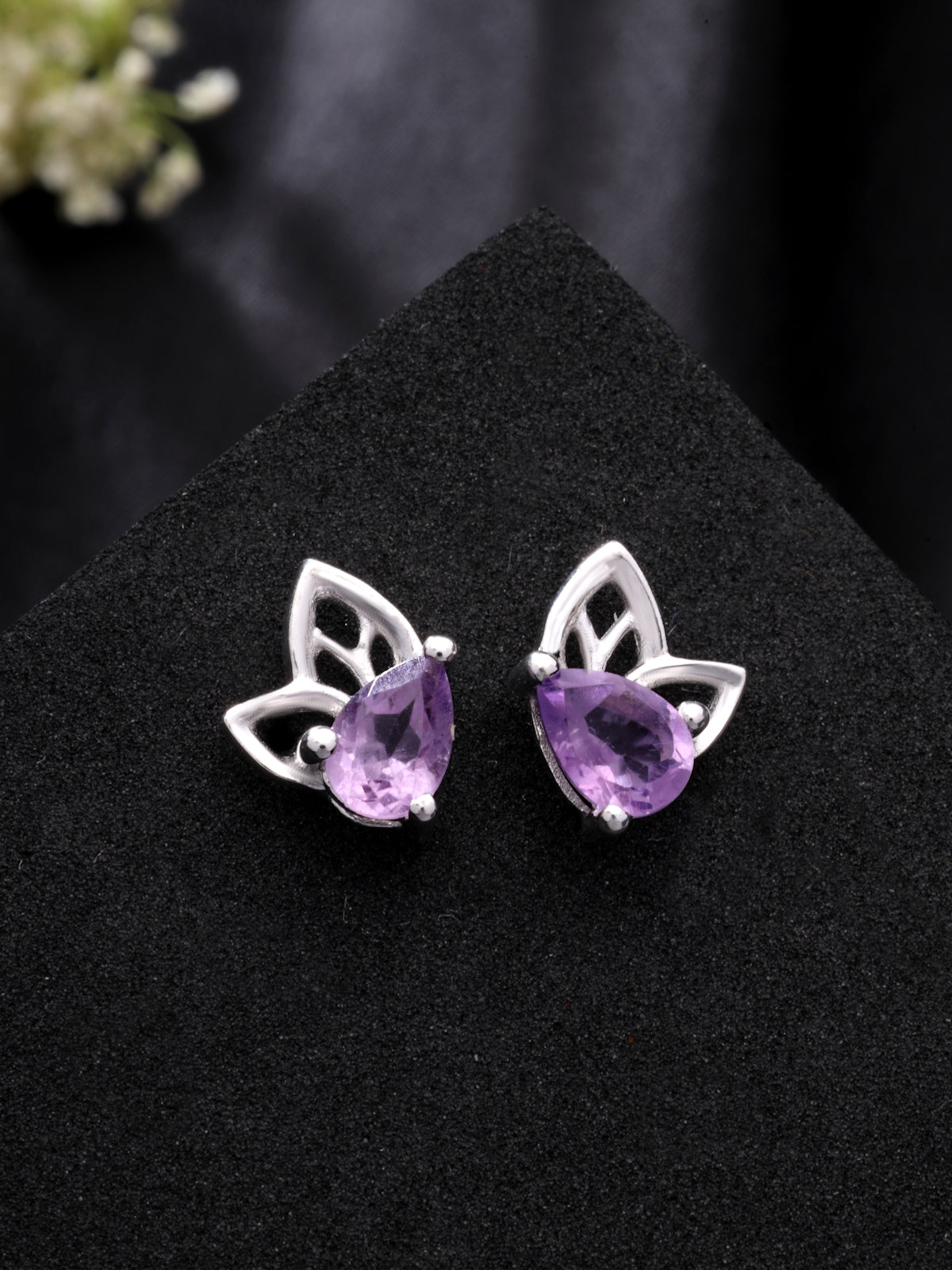 Amethyst Stud Earrings in 925 Sterling Silver with Rhodium Plating