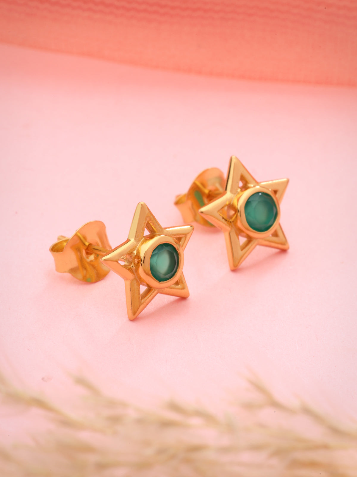 Green Onyx Stud Earrings in 925 Sterling Silver with Gold Plating