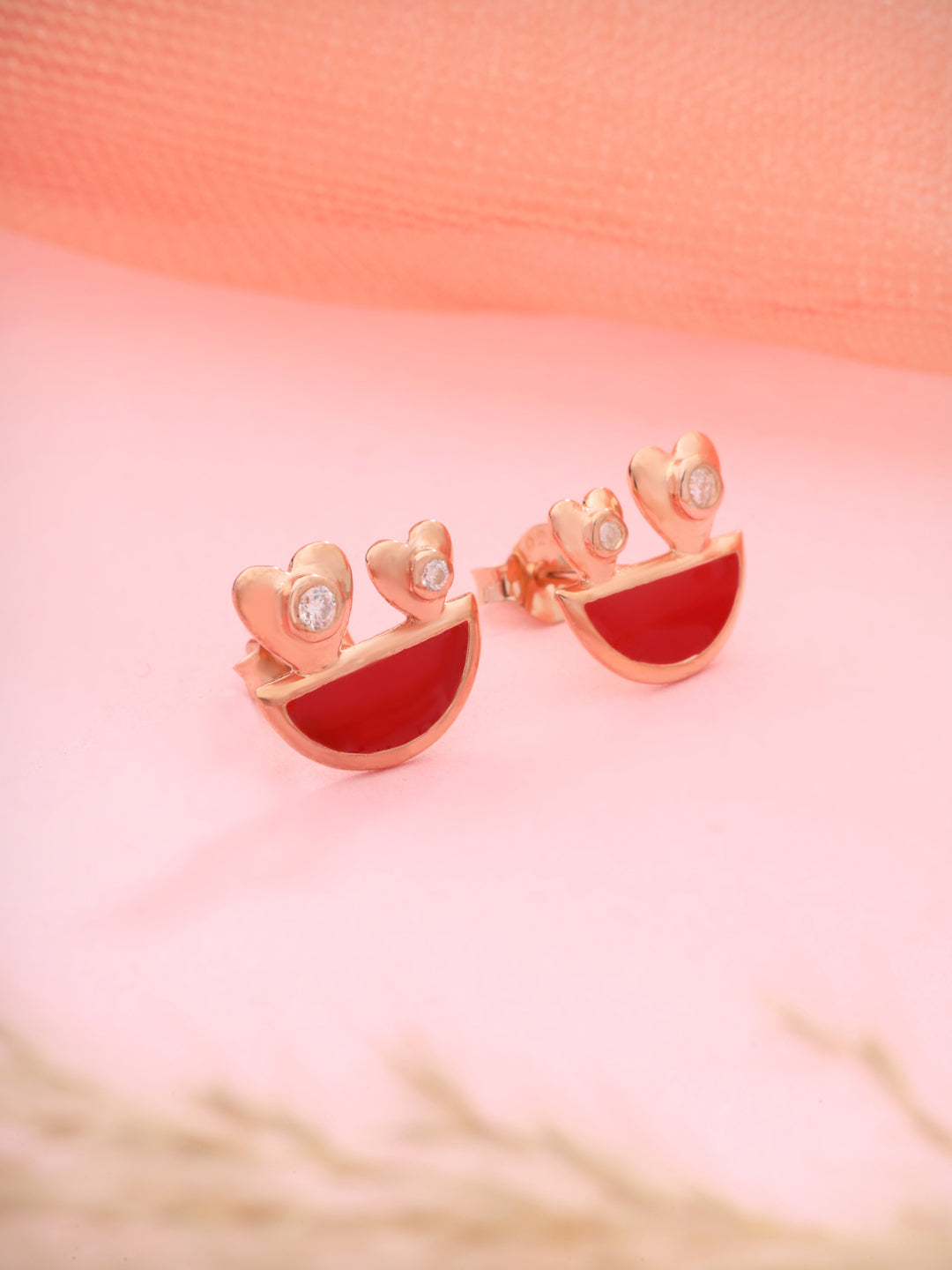 Rose Gold Plated Enameled & Hearts Stud Earrings