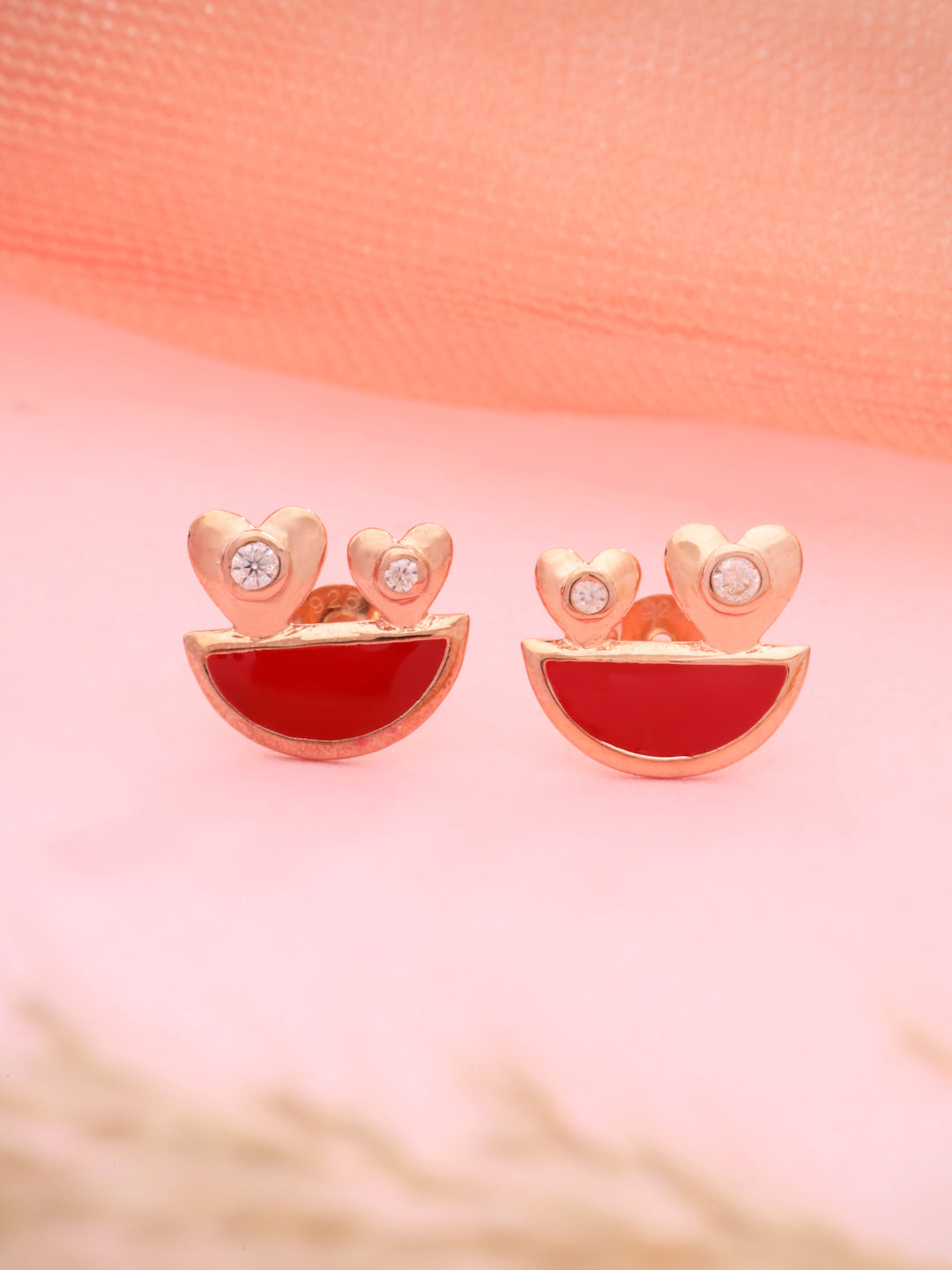 Rose Gold Plated Enameled & Hearts Stud Earrings