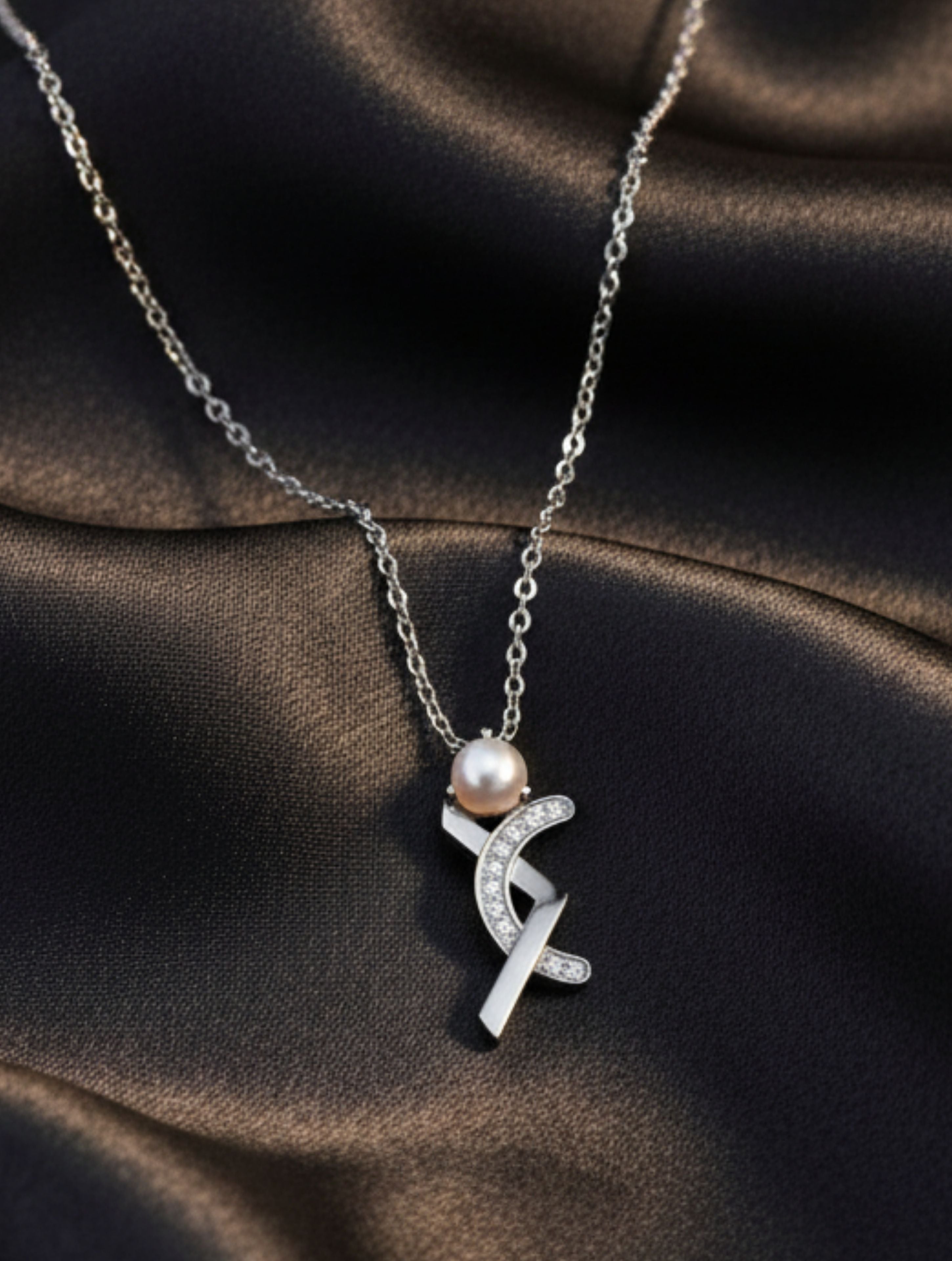 Abstract Geometric Moissanite & Pearl 925 Sterling Silver Pendant For Women