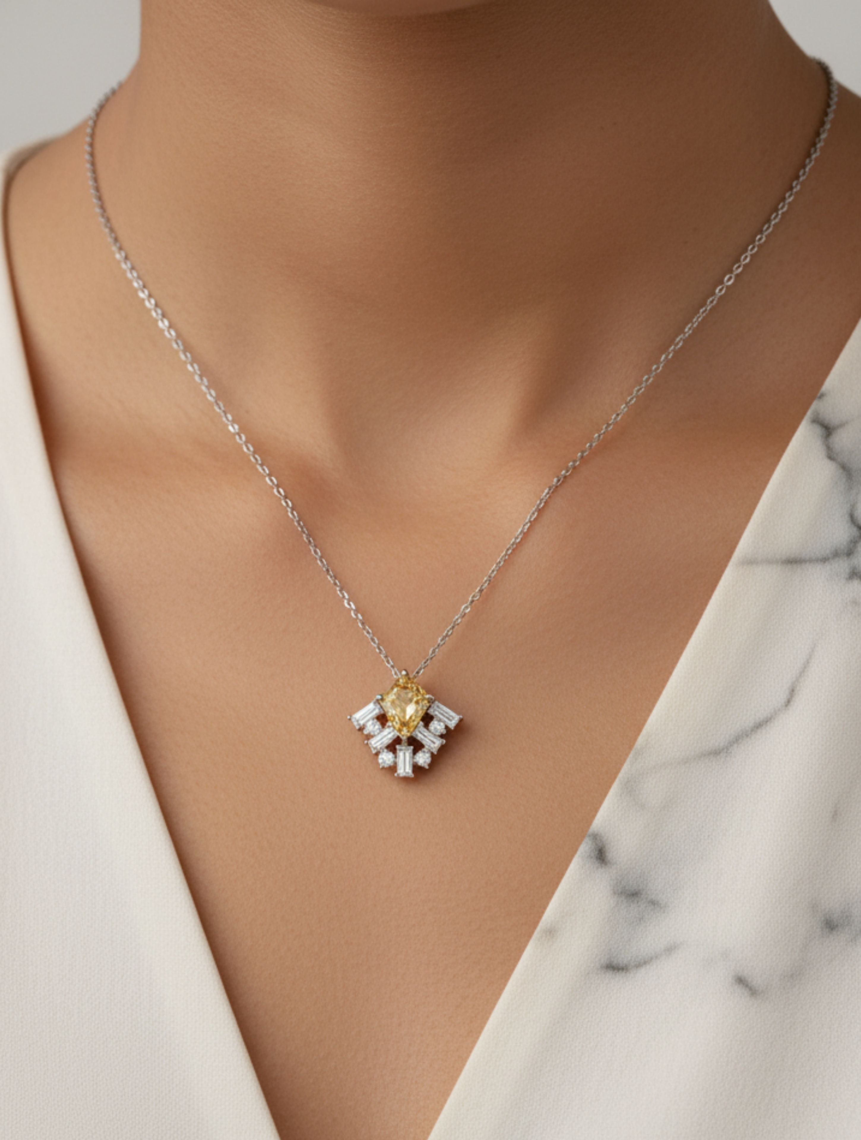 Citrine and Moissanite Geometric 925 Sterling Silver Pendant For Women