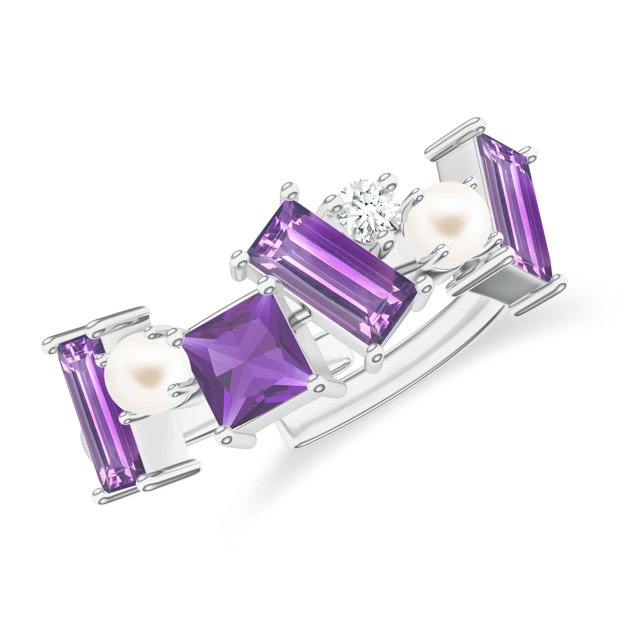 Abstract Silver Ring with Amethyst, Garnet, Pearl, and Moissanite