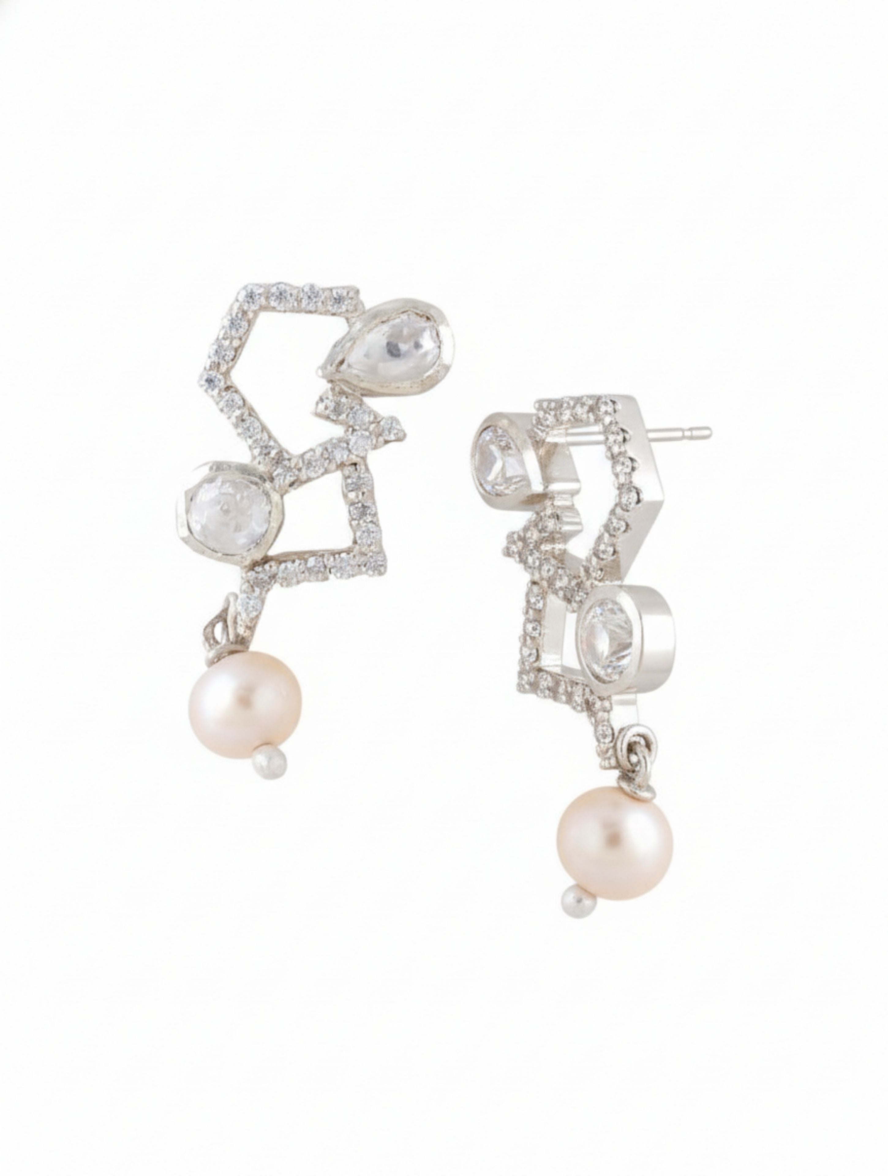 925 Sterling Silver Geometric Drop Earrings with Moissanite, Pearl, and Polki Accents