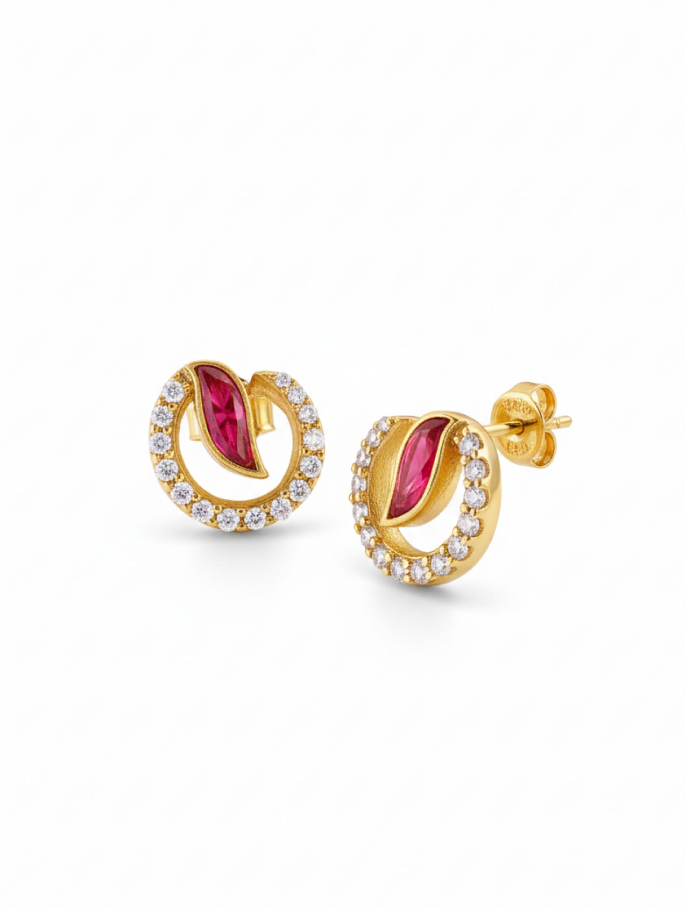 Celestial Wave Moissanite & Red Talph Halo Stud Earrings | 925 Sterling Silver