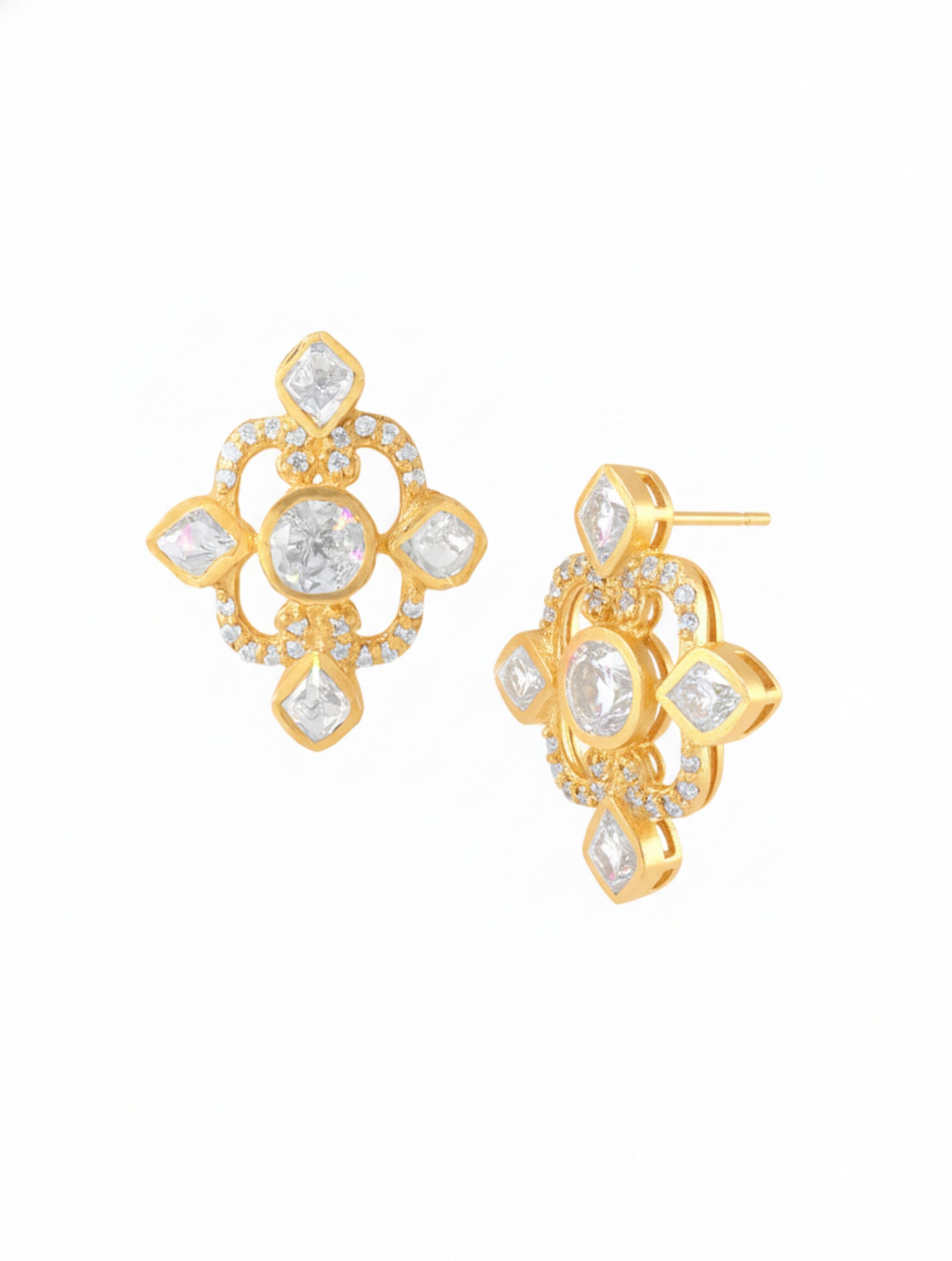 Moissanite and Polki Stud Earrings in Gold Plated 925 Sterling Silver