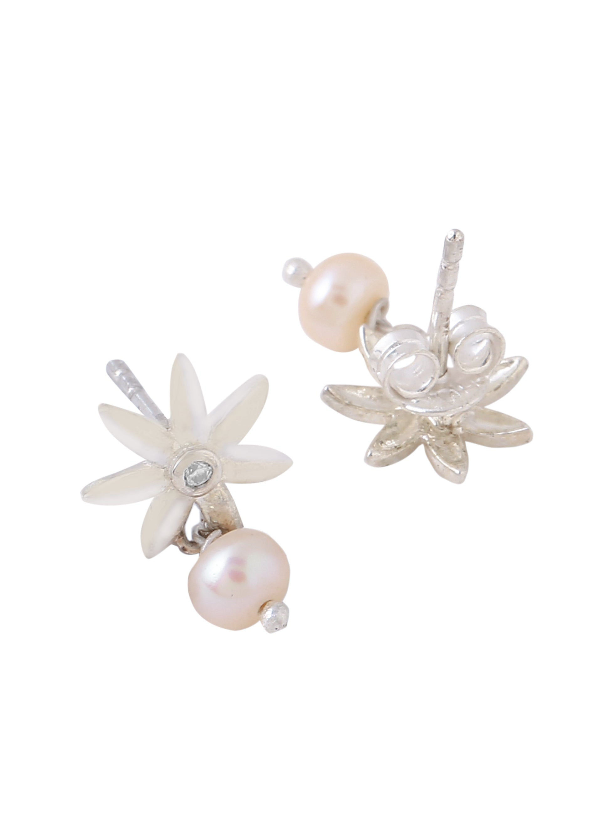 Classic Metallic Flower Pearl Stud Earrings