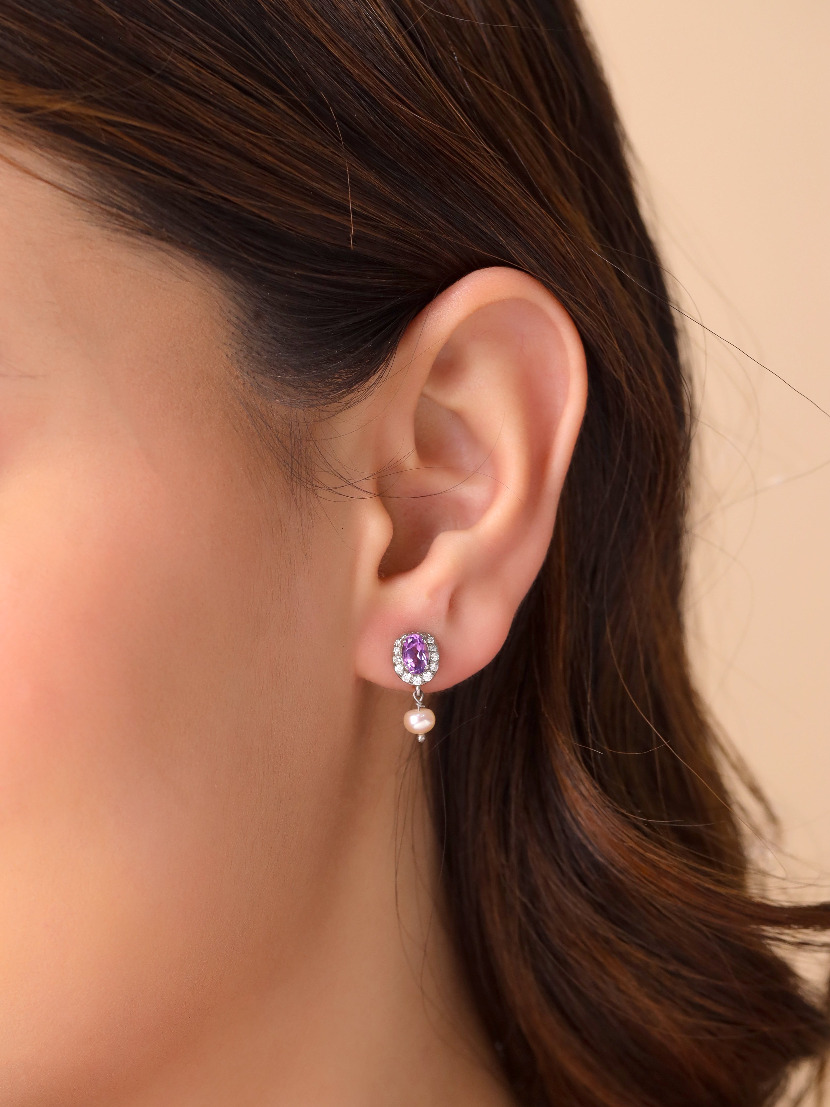Rhodium Amethyst Diamond Moissanite Pearl Earrings
