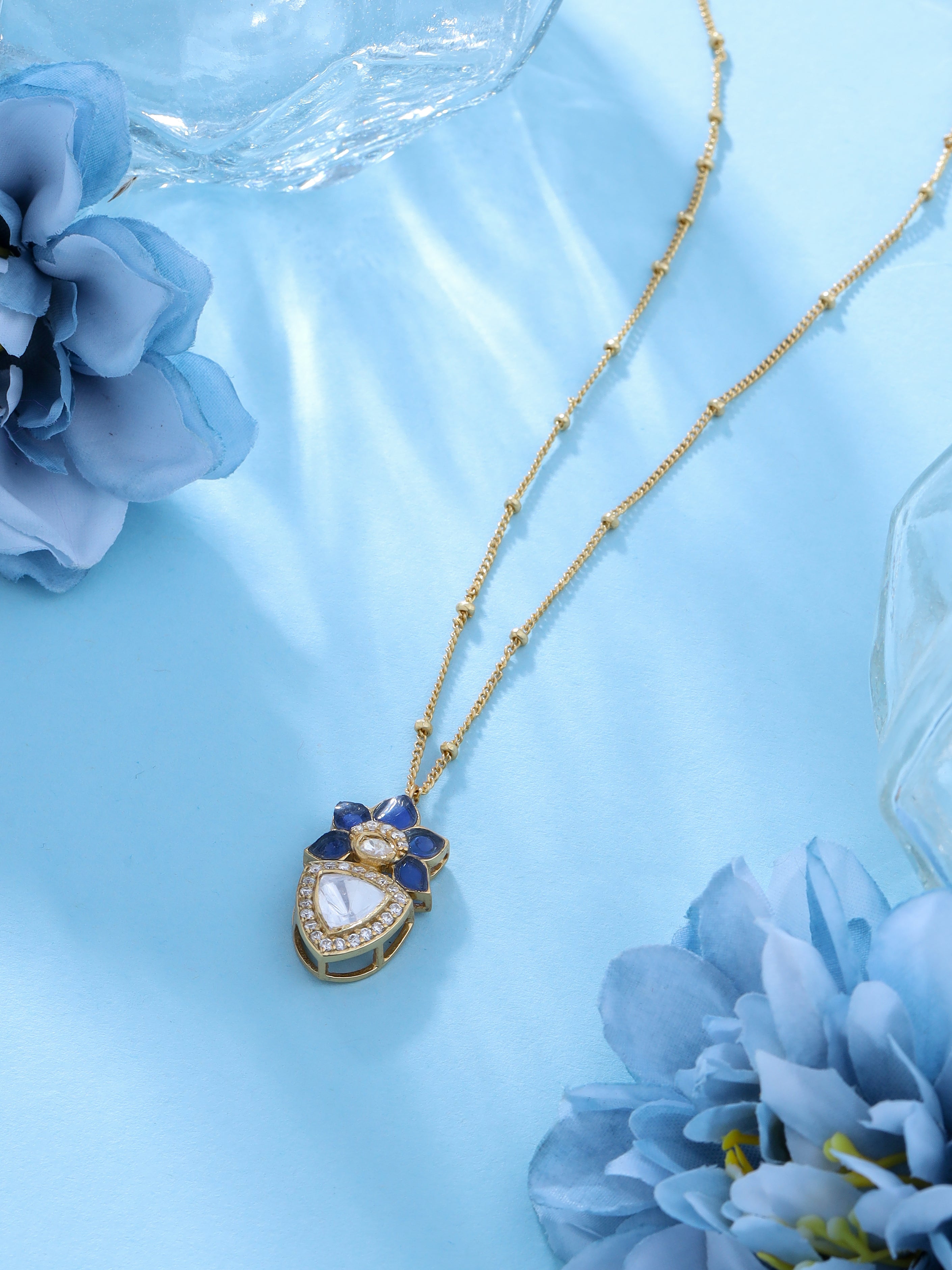 24K Gold Abstract Floral Blue Talfe Moissanite Polki Pendant