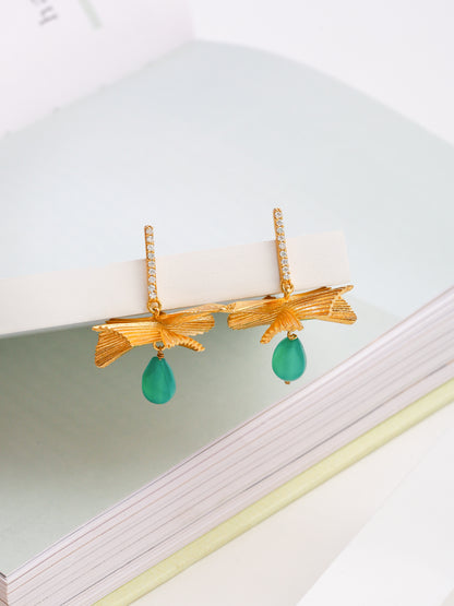 Kicky and Perky 925 Sterling silver Rose Gold Semi Precious Green Onyx Drop Dangler Frills Earring for Women
