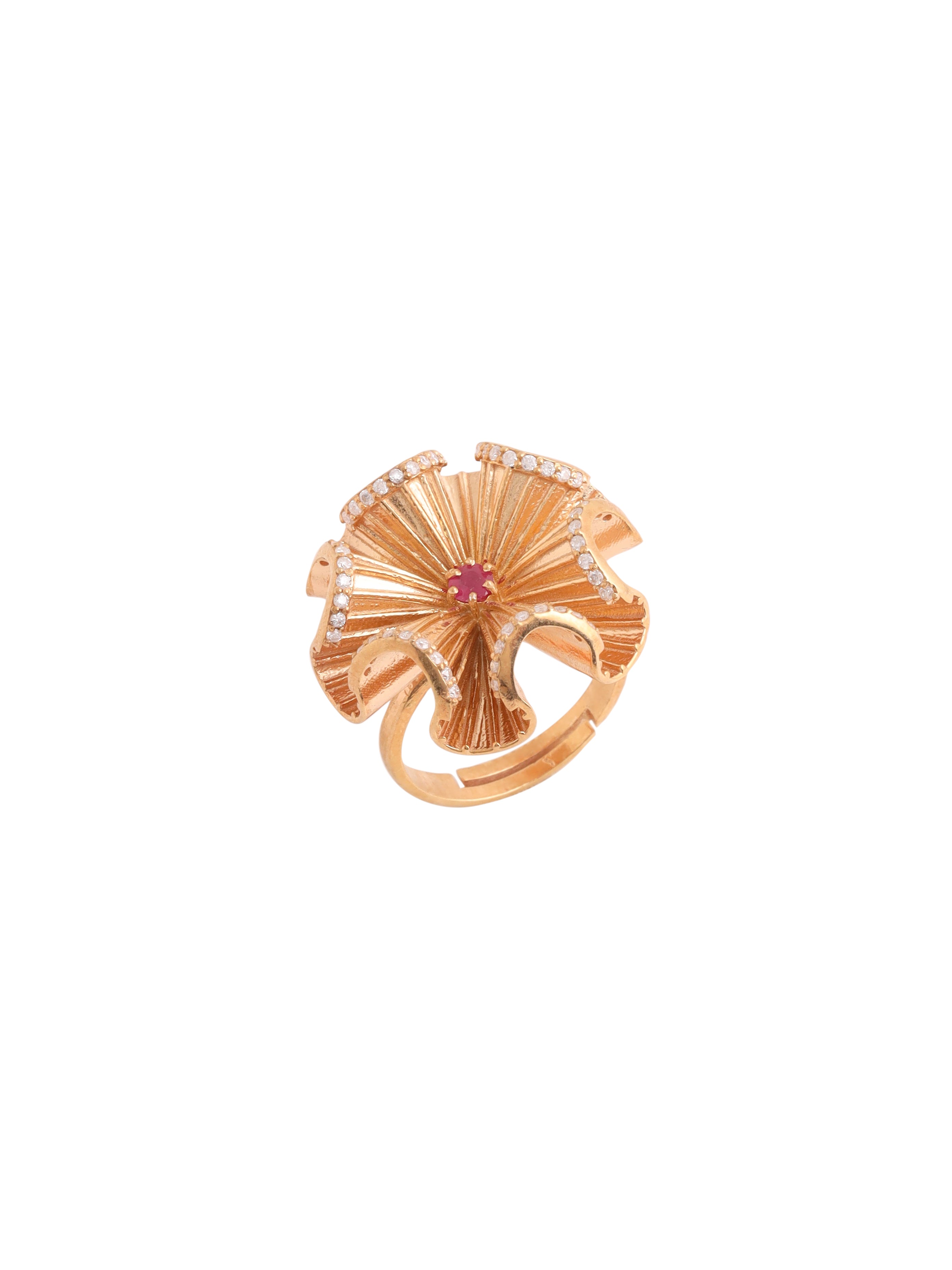 Kicky and Perky 925 Sterling silver Rose Gold Precious Ruby & Mossanite Frill Flower Adjustable Ring for Women