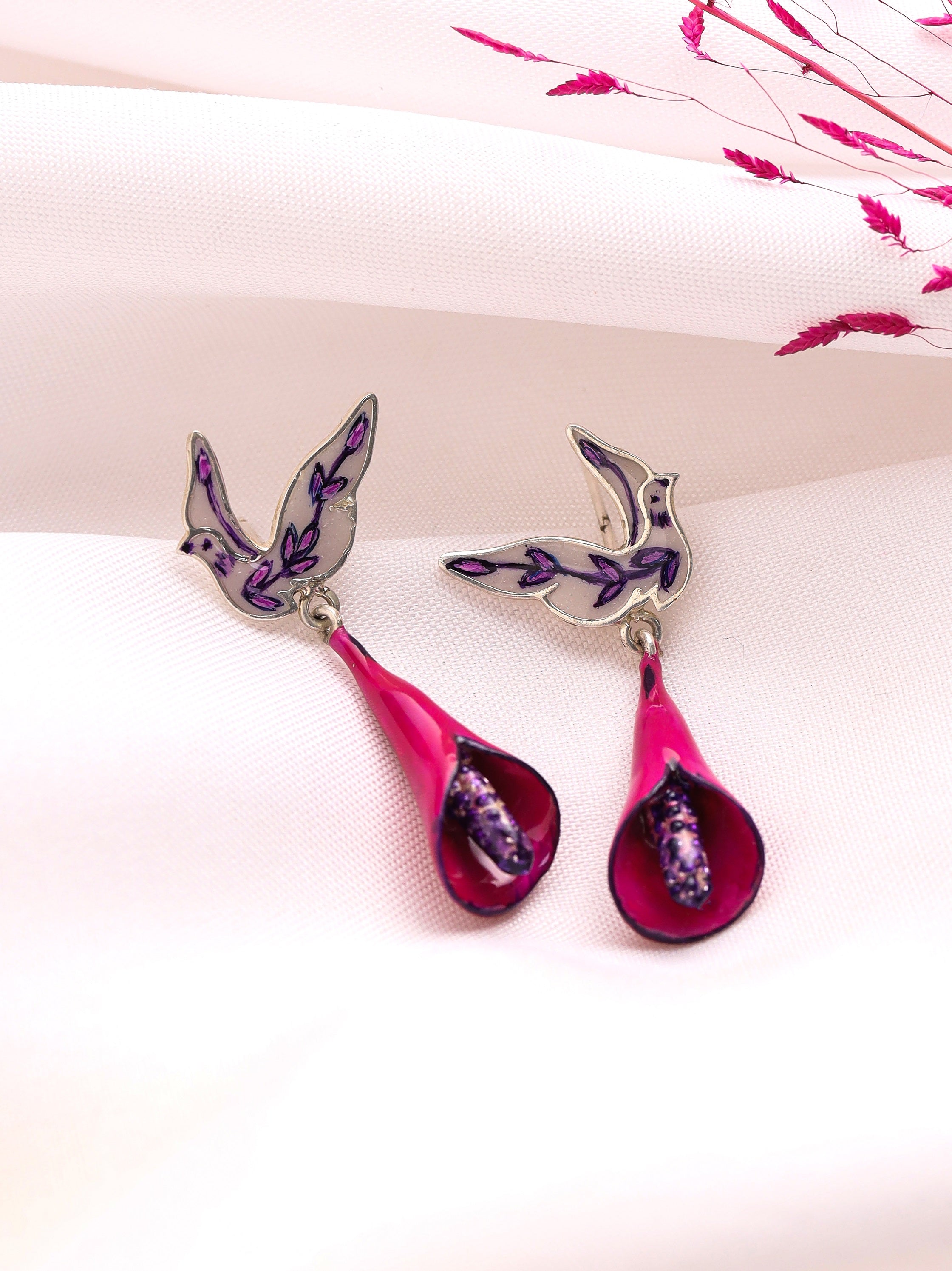 Enamel Bird Earrings in Real Rhodium