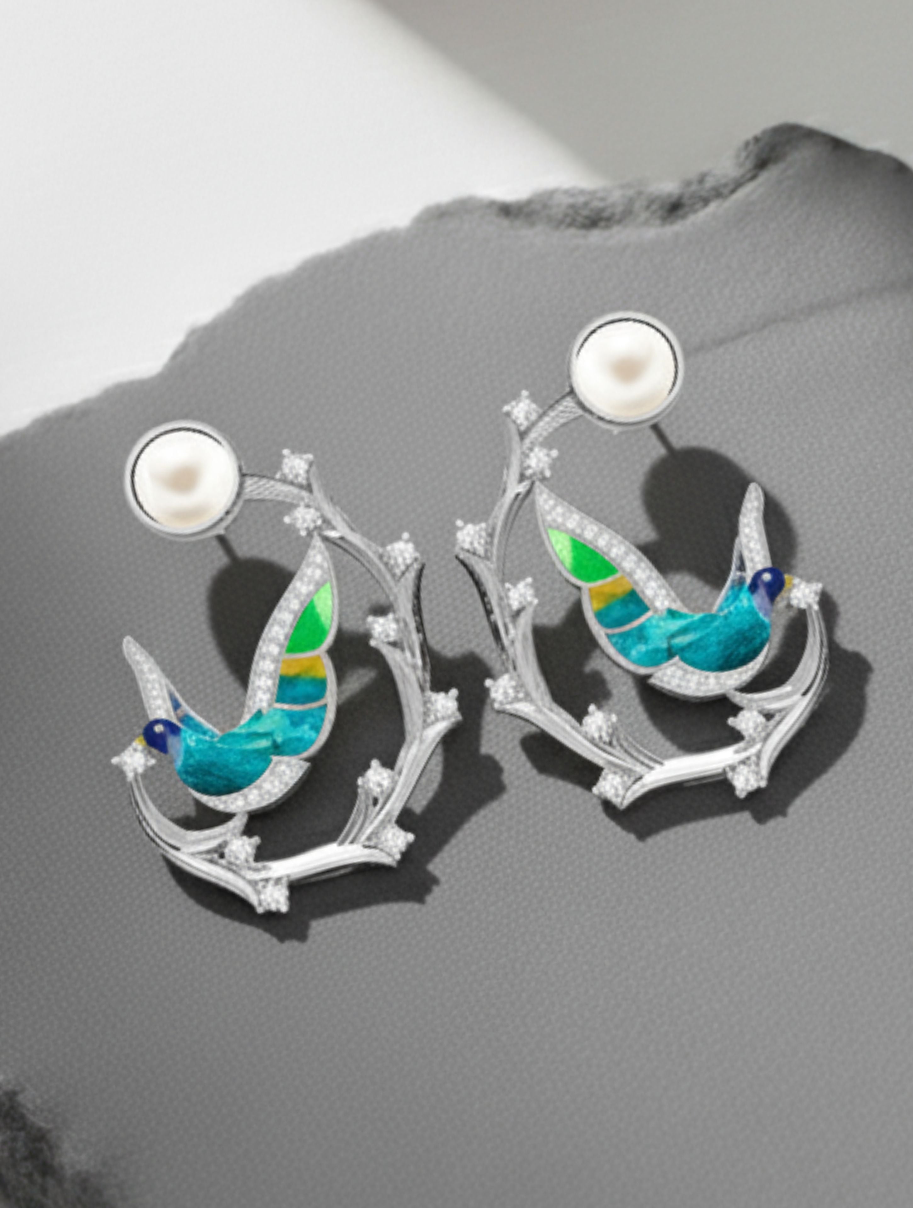 Enamel Shades of Pearl and Moissanite Earrings In Sterling Silver