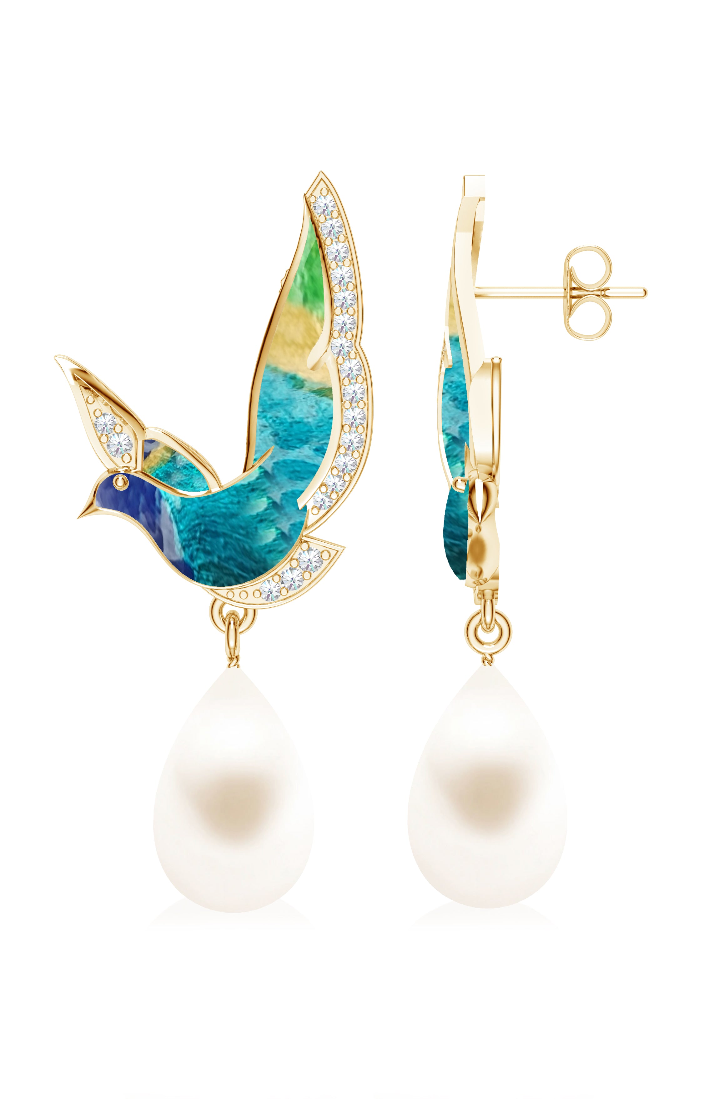925 Enameled Wings of Tranquility with Pearl Earrings
