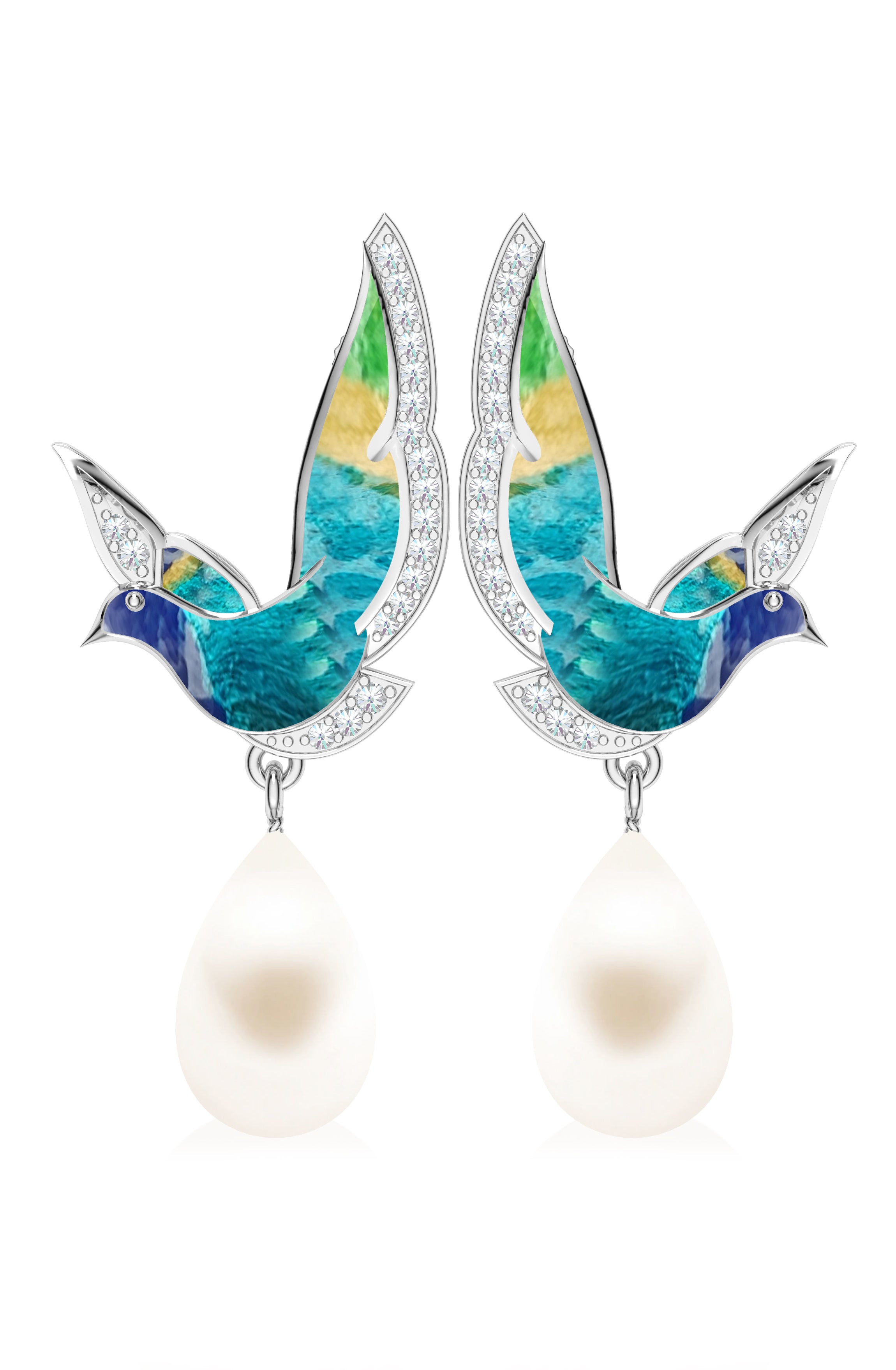 925 Enameled Wings of Tranquility with Pearl Earrings