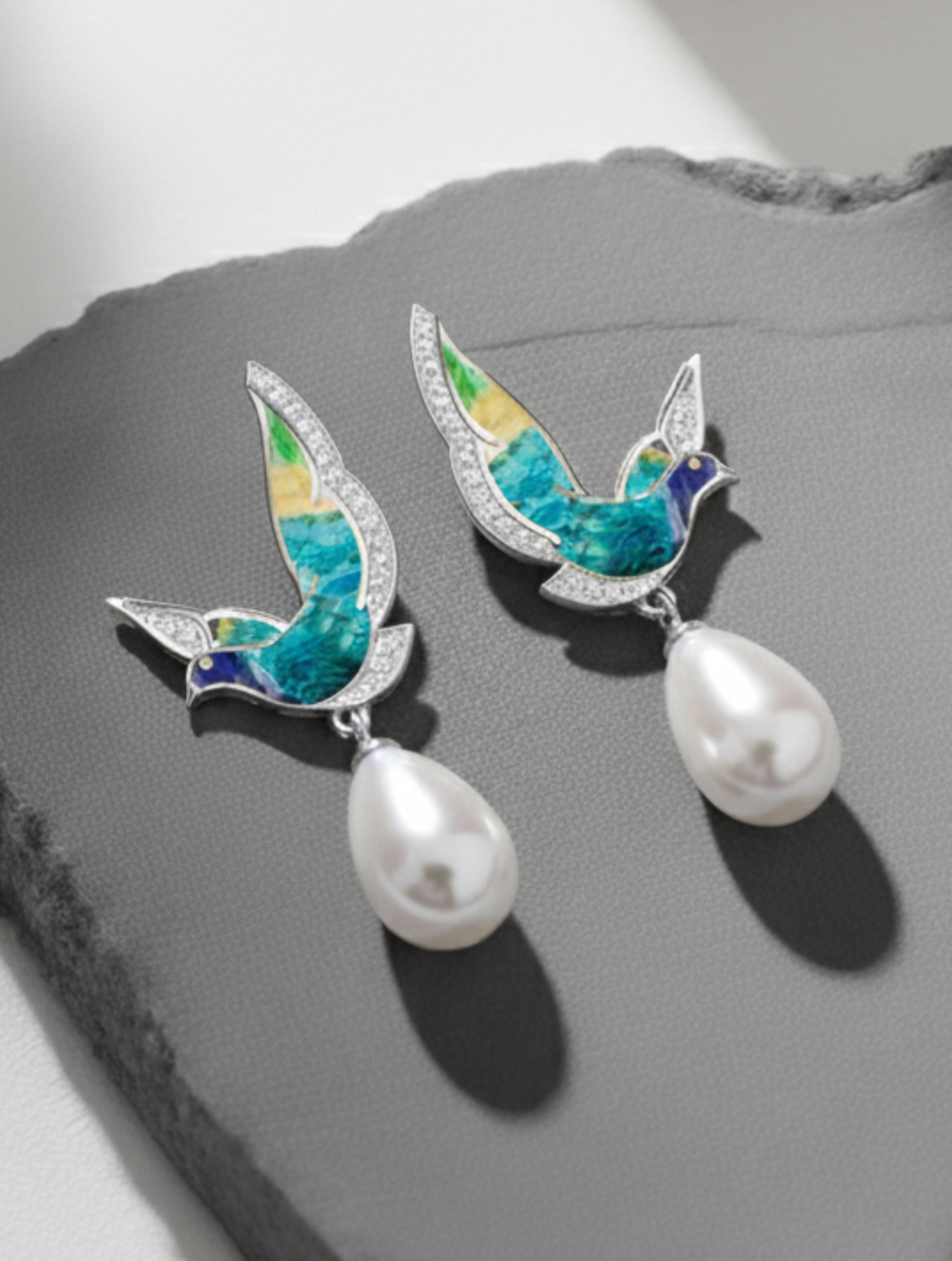 925 Enameled Wings of Tranquility with Pearl Earrings