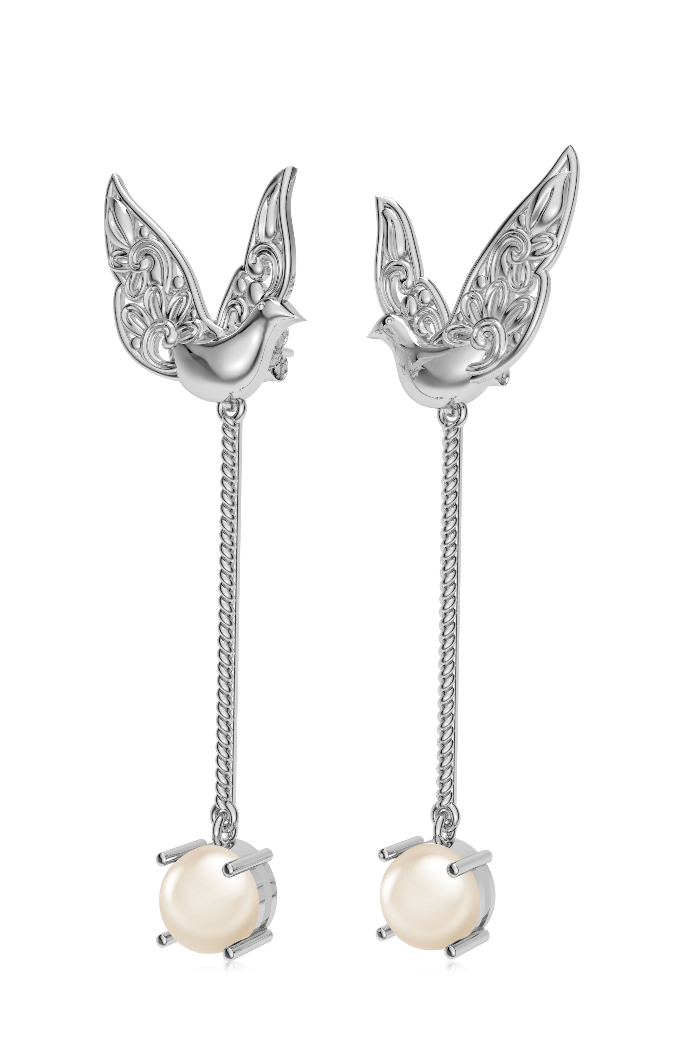 925 Silver Feathered Dove Pearl Earrings