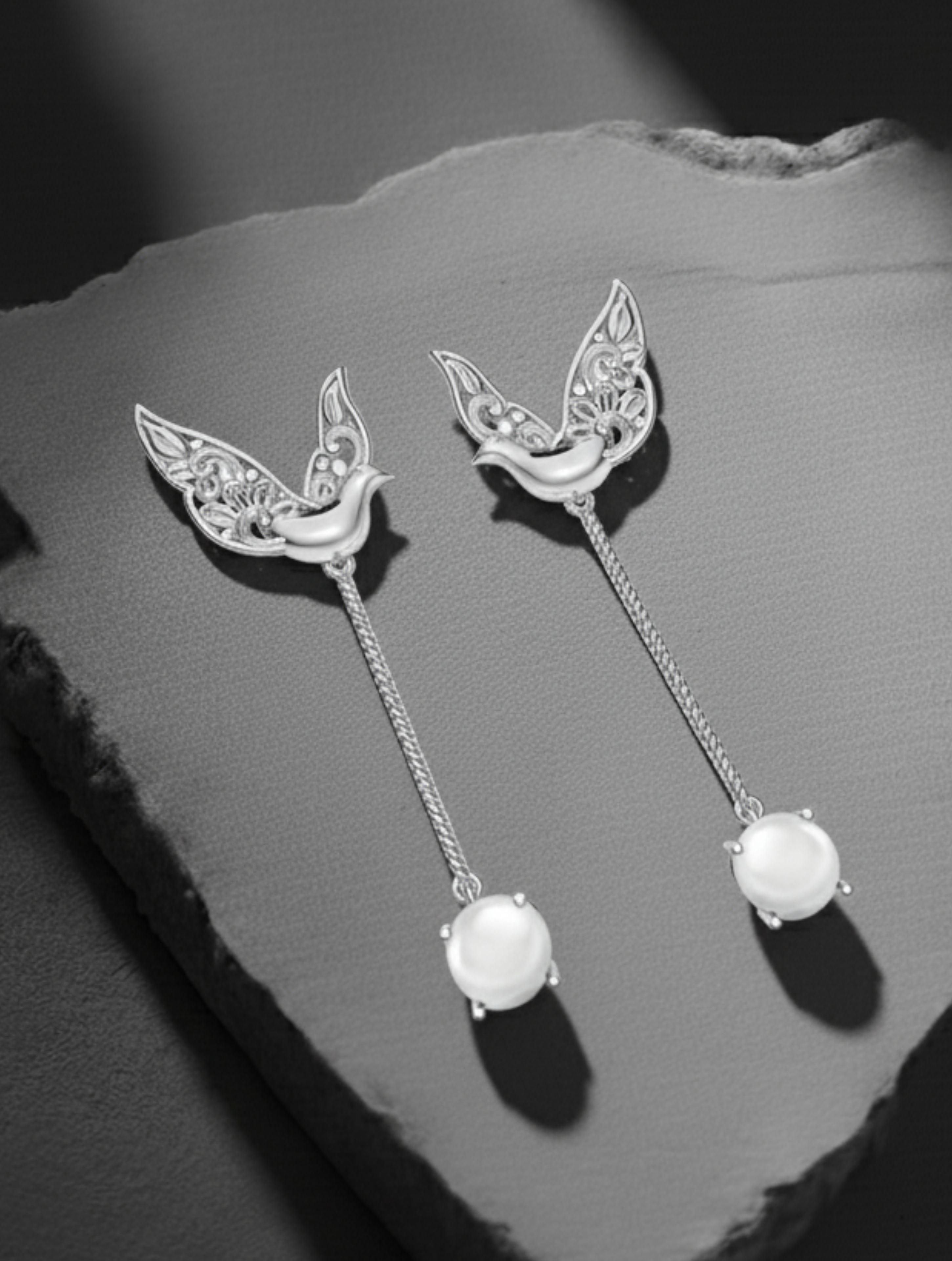 925 Silver Feathered Dove Pearl Earrings