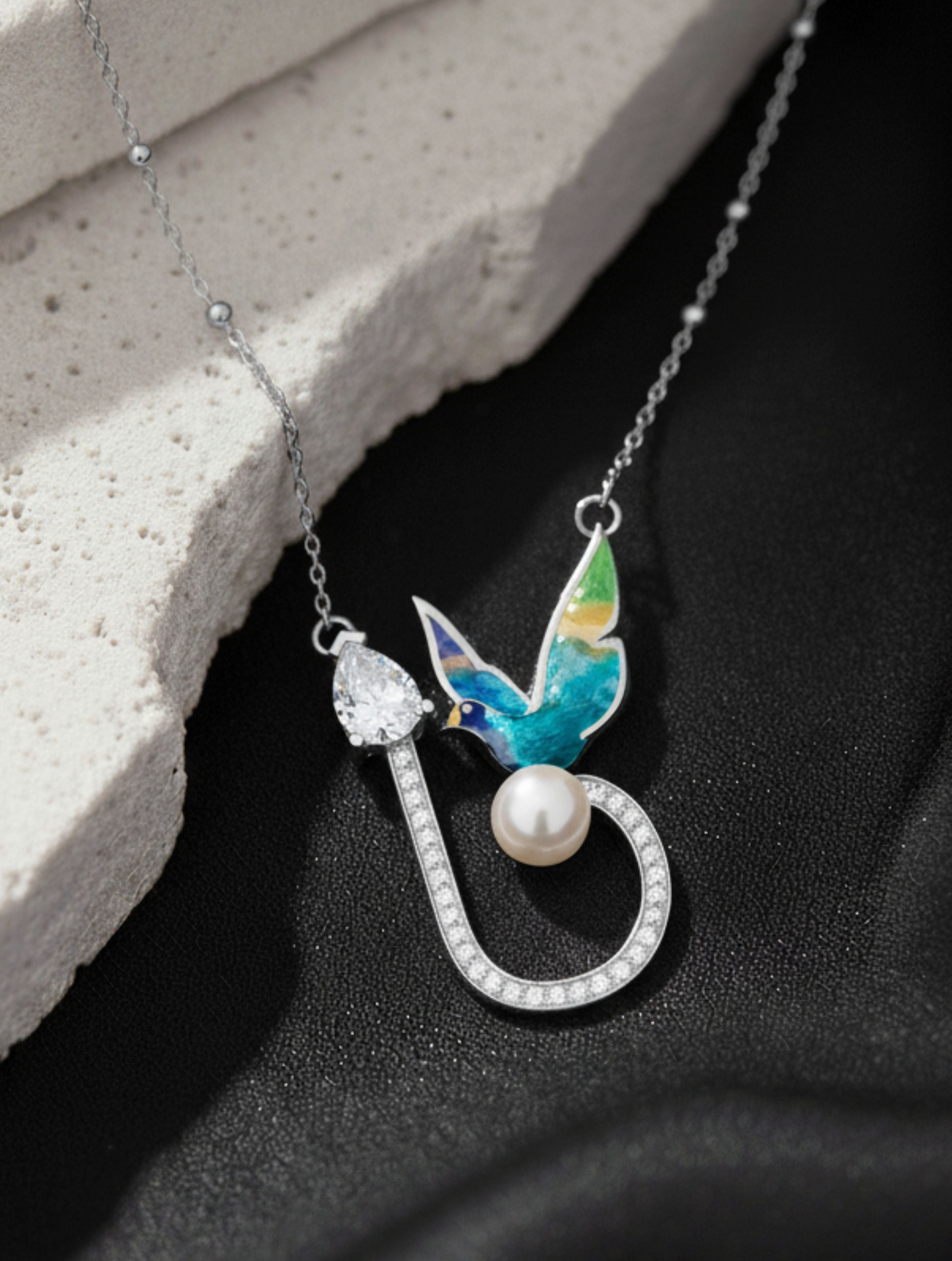 Enamel Bird on Pearl Sterling Silver Pendant