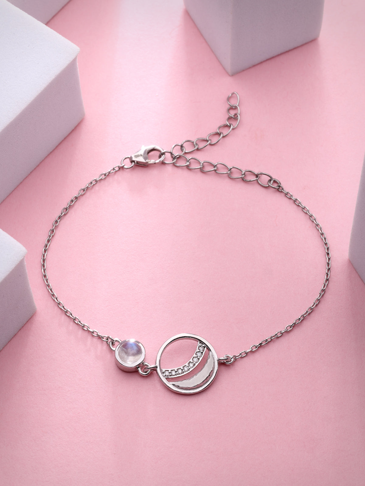 Rainbow Moonstone & Moissanite Orbital Bracelet in 925 Sterling Silver