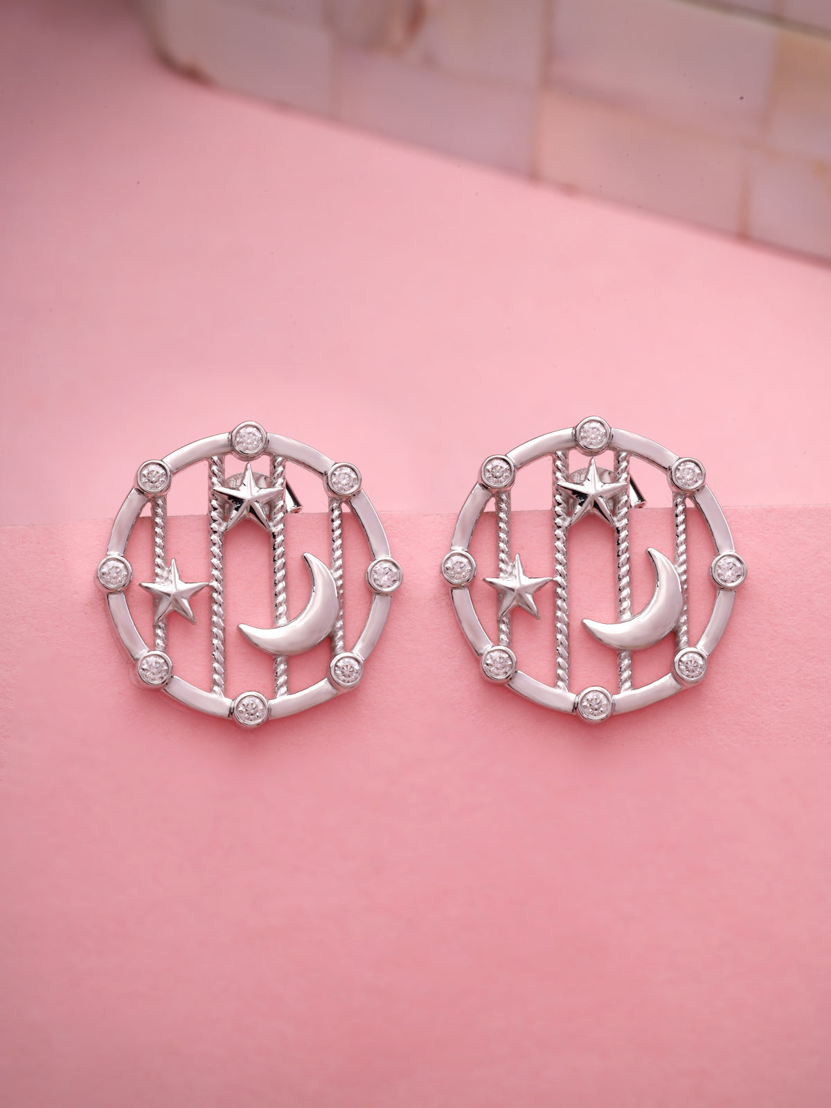 Celestial Harmony: Moissanite Crescent & Star Medallion Studs