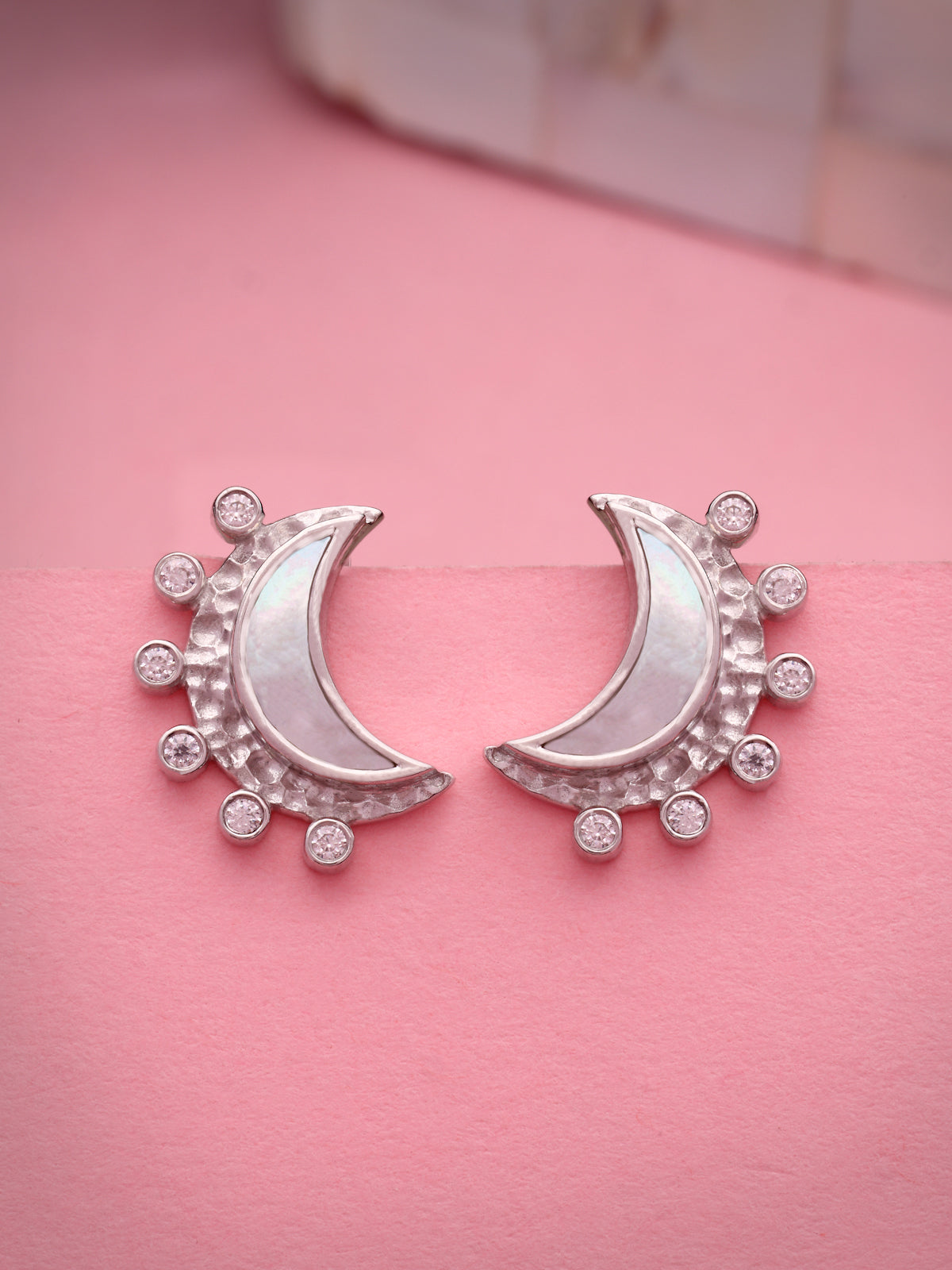 Celestial Glow: Moissanite & Mother of Pearl Crescent Moon Earrings