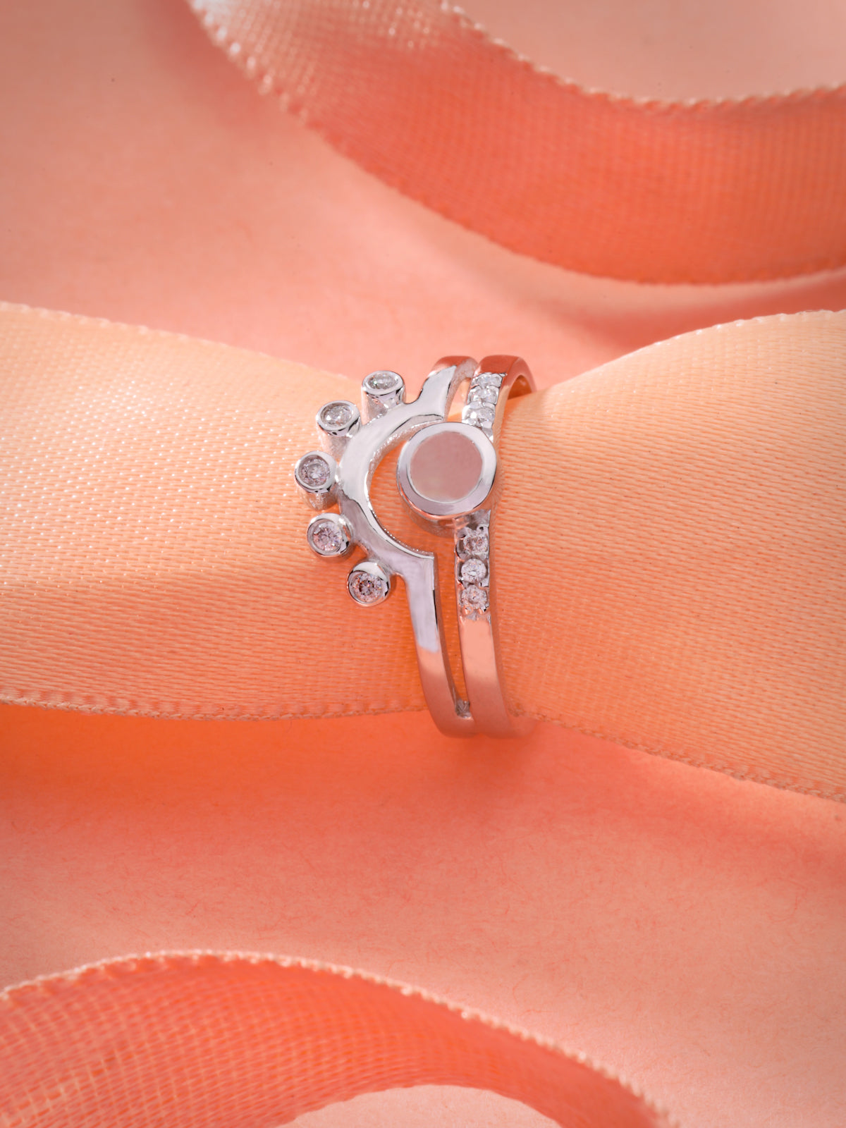 Rainbow Moonstone & Moissanite Adjustable Ring in 925 Sterling Silver