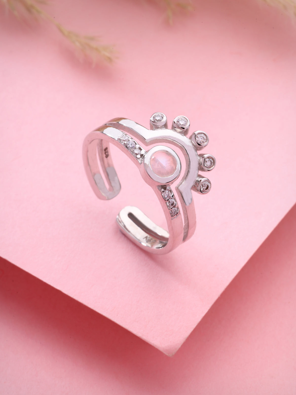 Rainbow Moonstone & Moissanite Adjustable Ring in 925 Sterling Silver