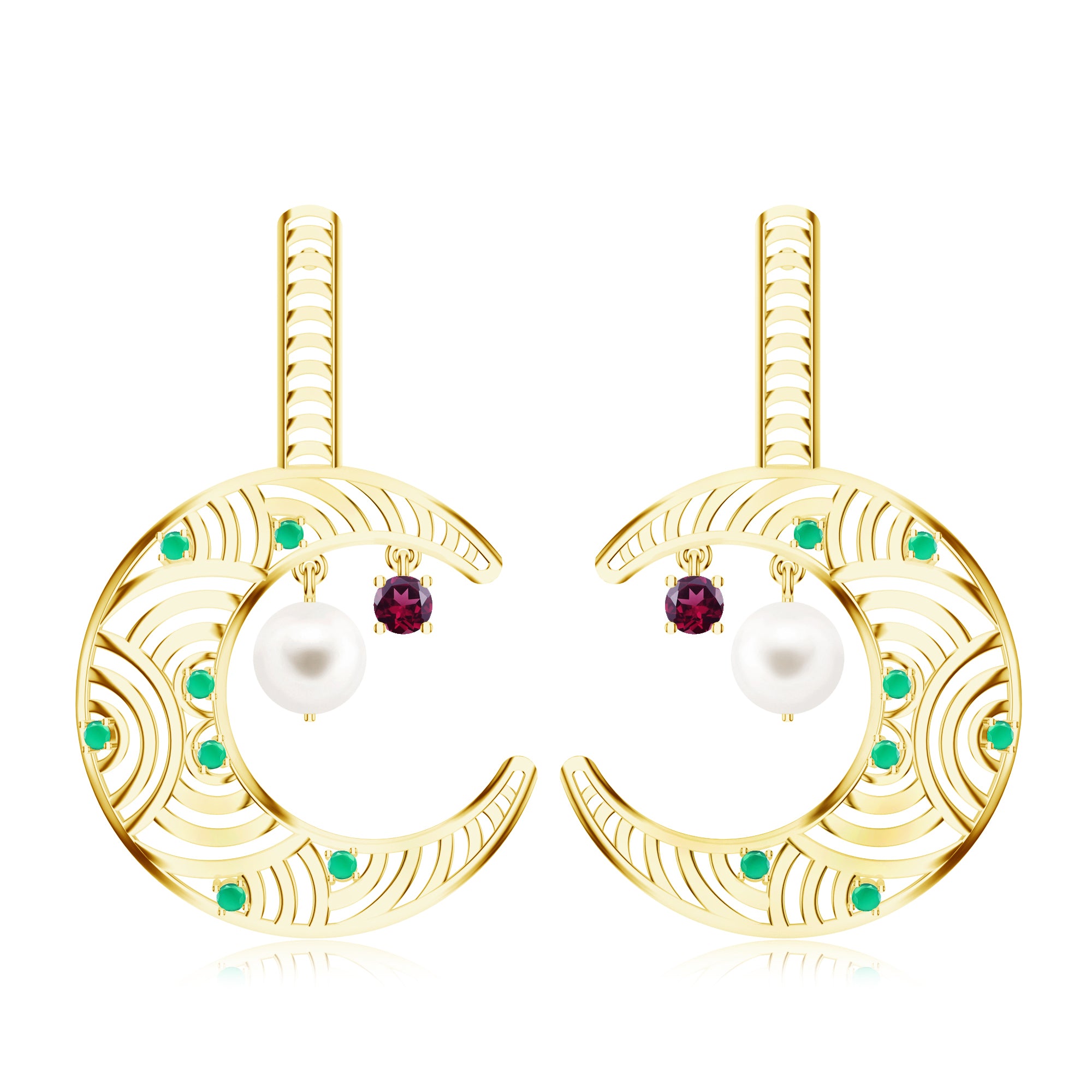 Madhubani-Inspired Green Onyx & Rhodolite Garnet 925 Sterling Silver Earrings For Women