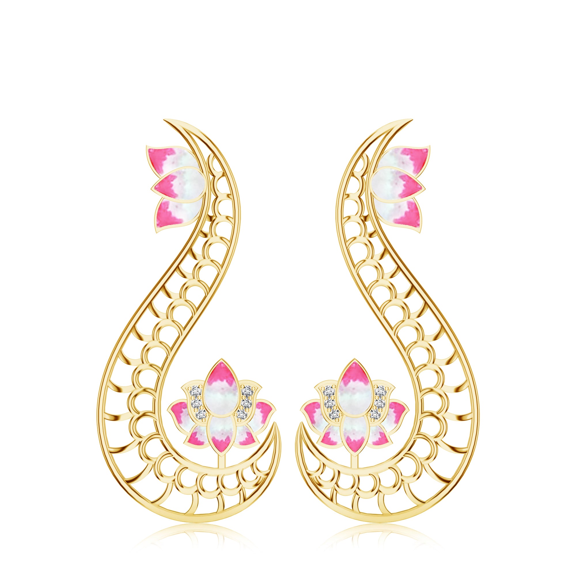 Enamel Lotus Kalaras Earrings with Moissanite