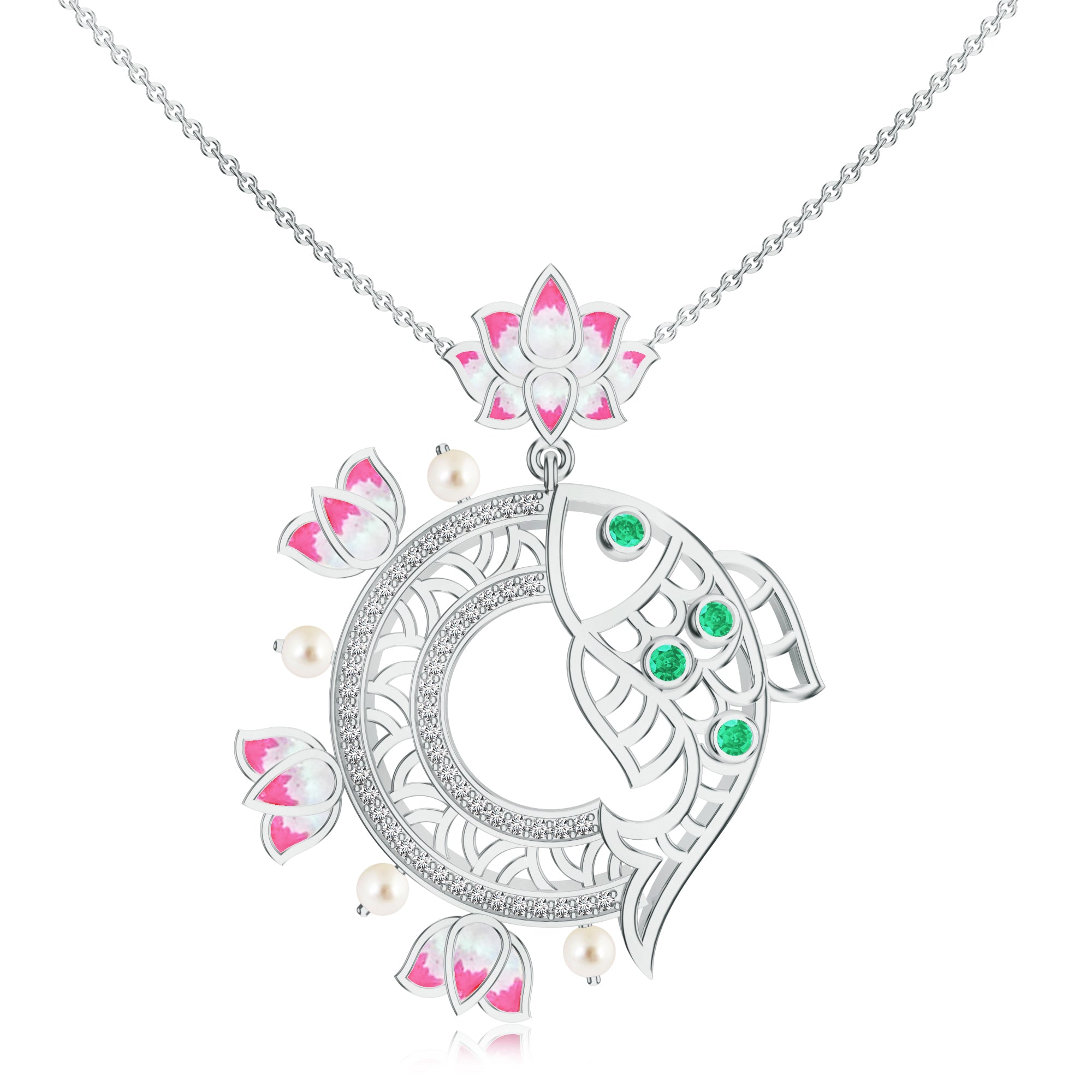 Lotus & Fish Kalaras 925 Sterling Silver Pendant in Rhodium For Women