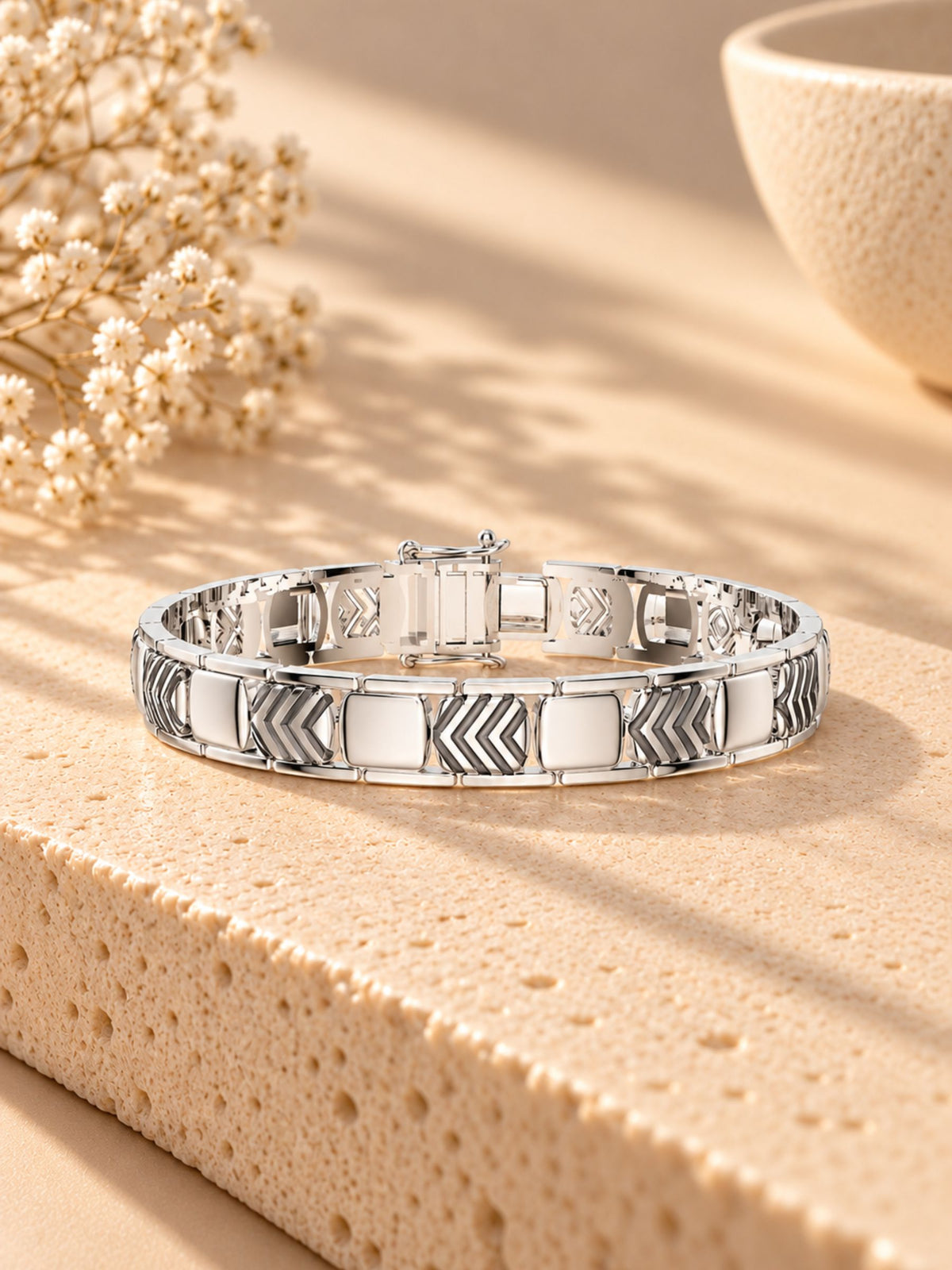 Geometric Engraved Oxidized Finish 925 Sterling Silver Bracelet For Men