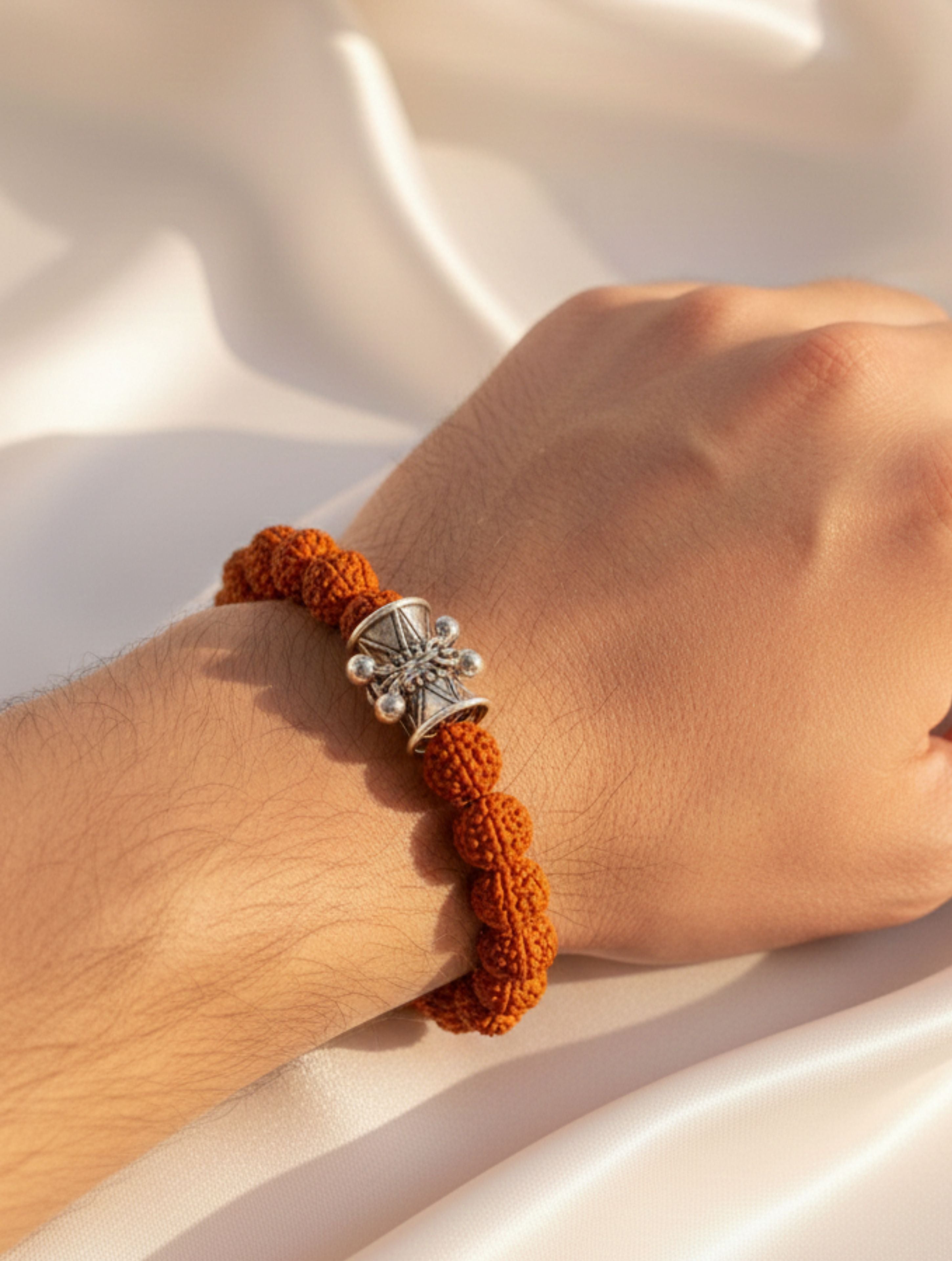 Rudraksha Power Bracelet for Men with 925 Sterling Silver Damru (Shivji's Drum) Centerpiece