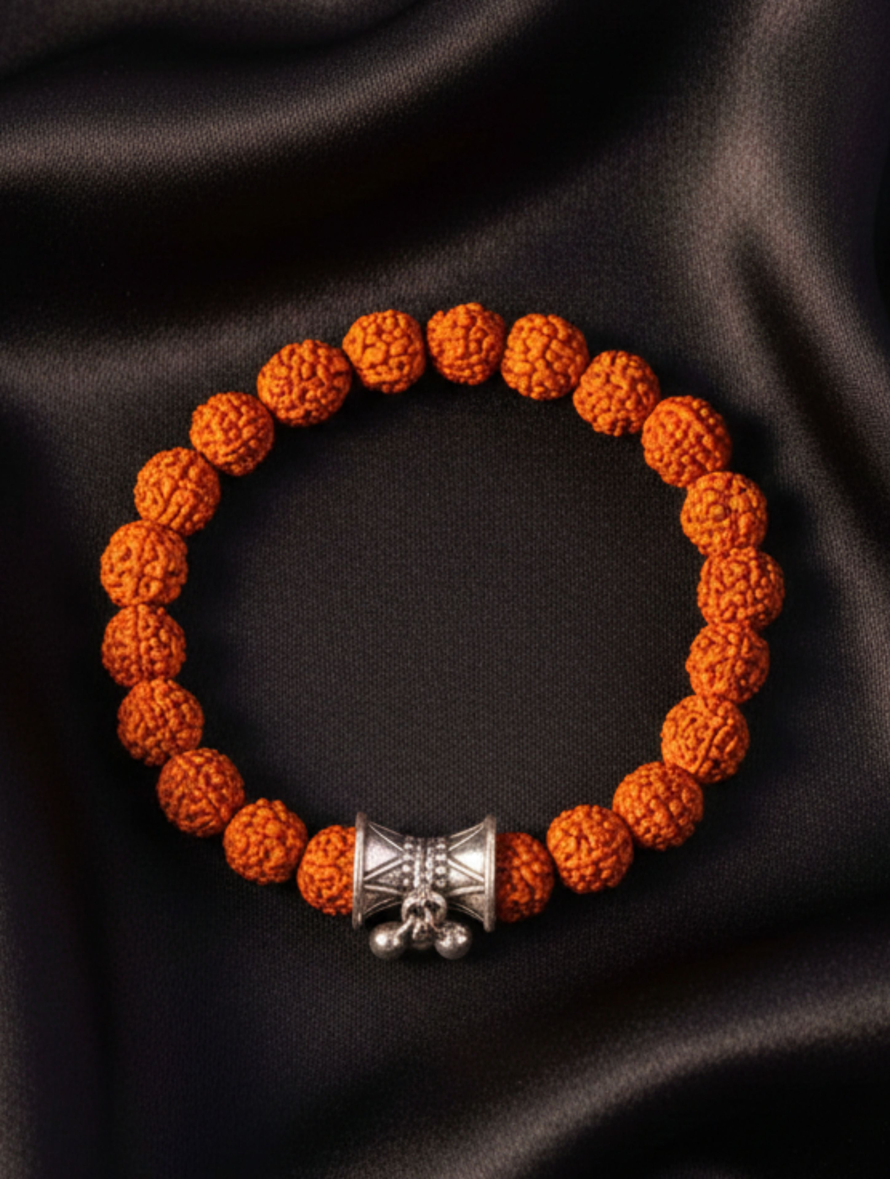 Rudraksha Power Bracelet for Men with 925 Sterling Silver Damru (Shivji's Drum) Centerpiece