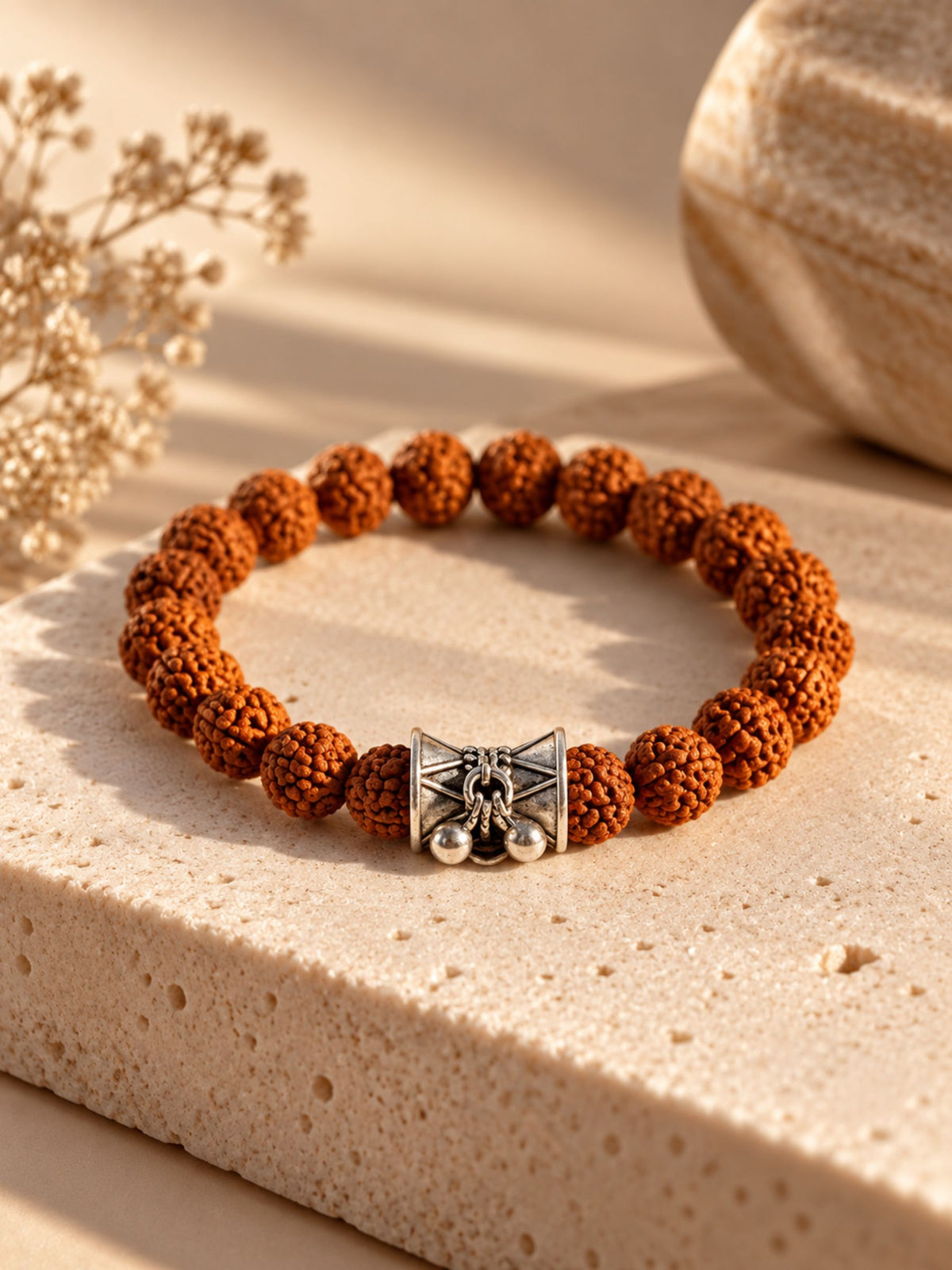 Rudraksha Power Bracelet for Men with 925 Sterling Silver Damru (Shivji's Drum) Centerpiece