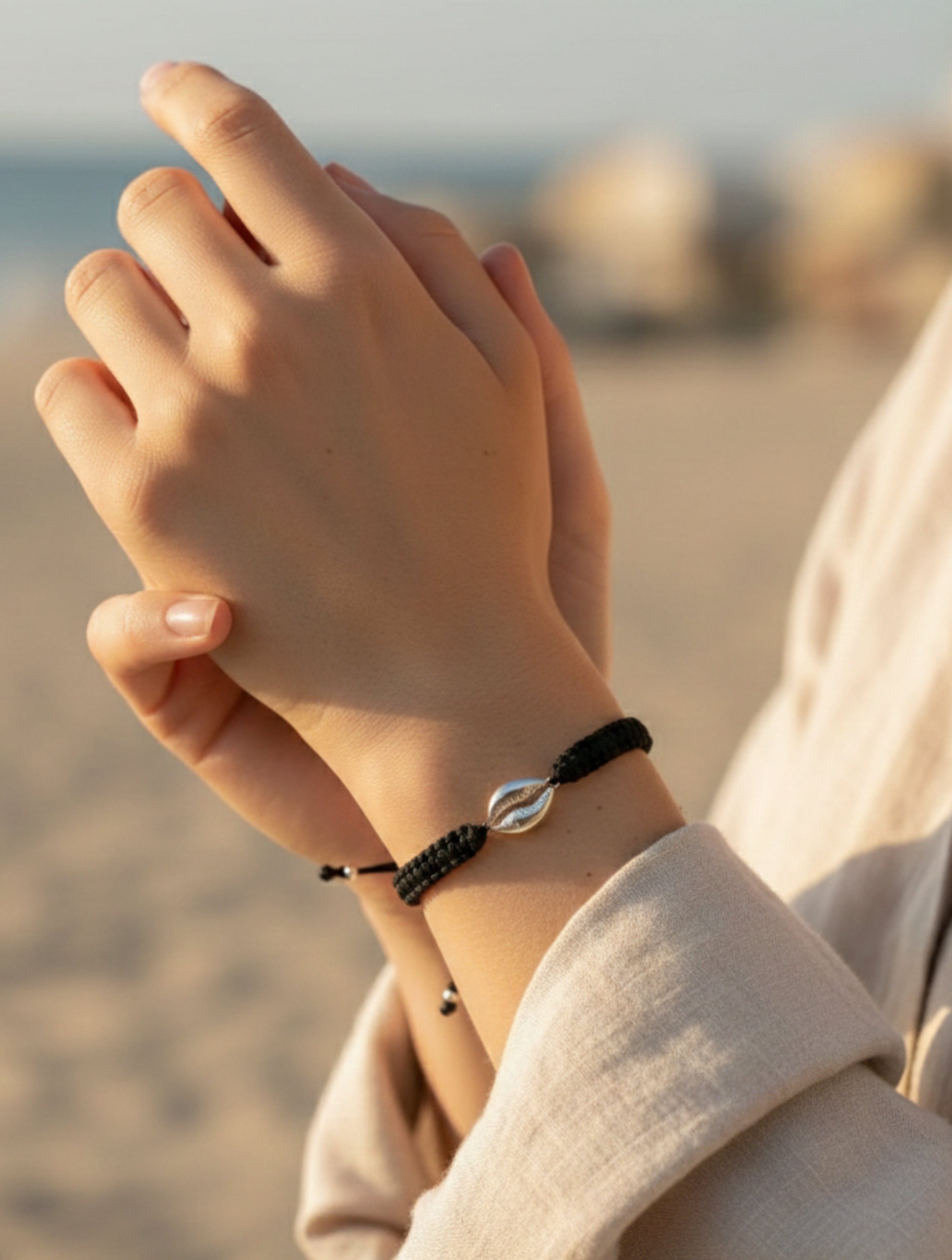 Cowrie Shell Black Braided 925 Sterling Bracelet
