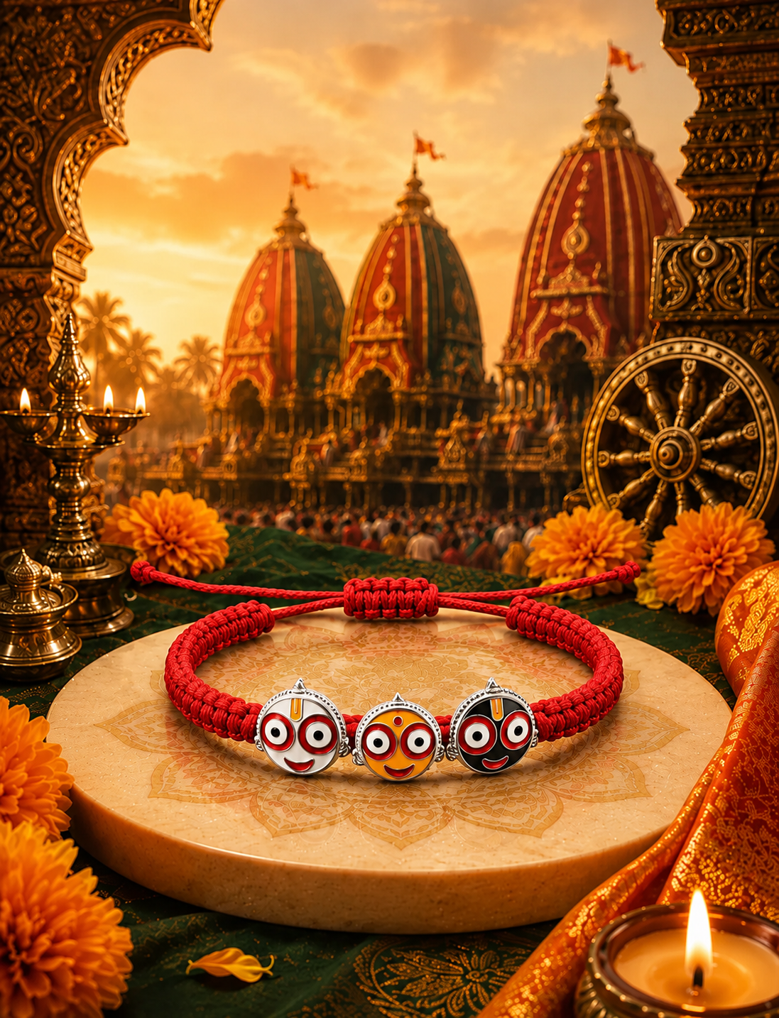 Silver Shree Jagannath ji Trio Bracelet In Red Thread