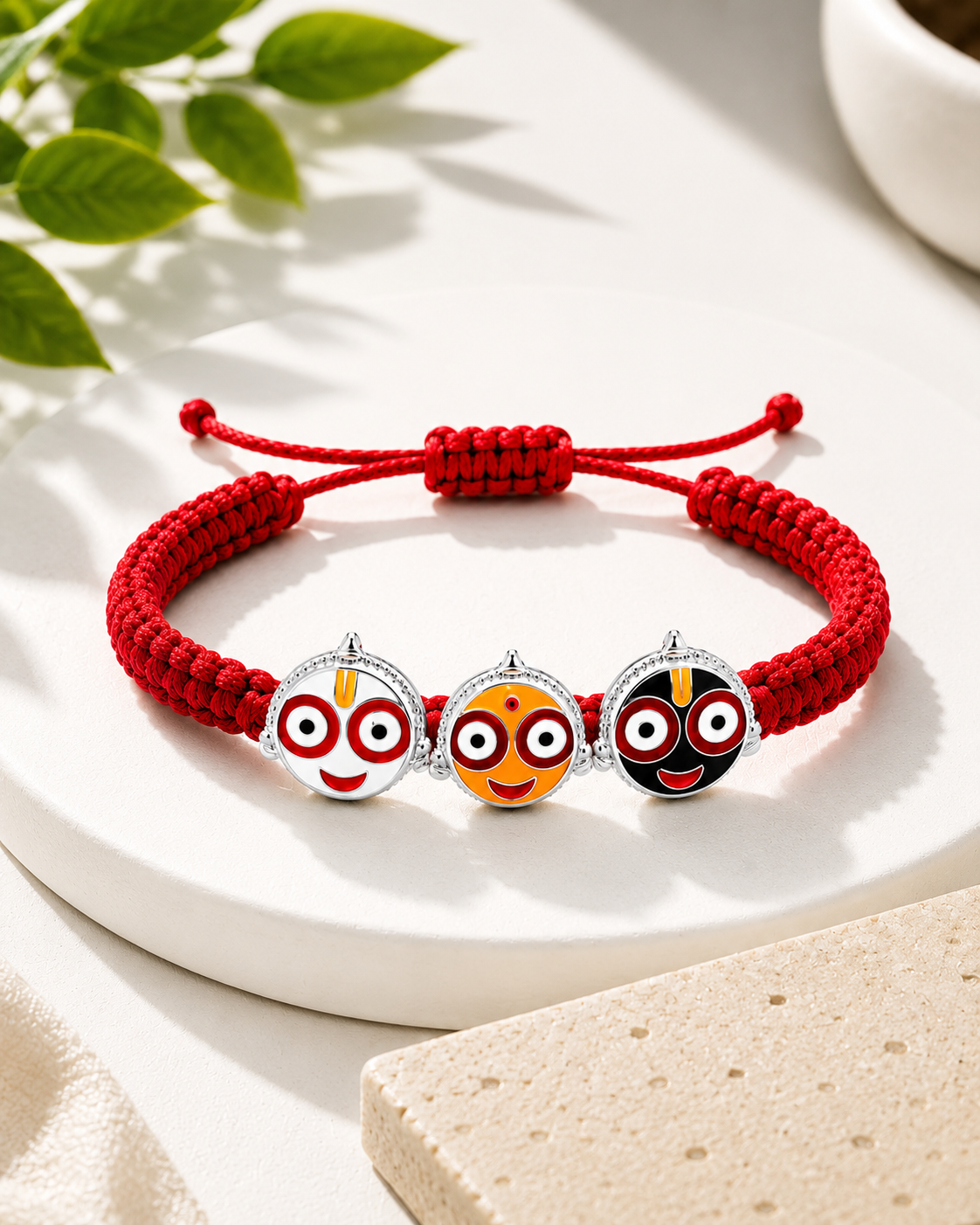 Silver Shree Jagannath ji Trio Bracelet In Red Thread