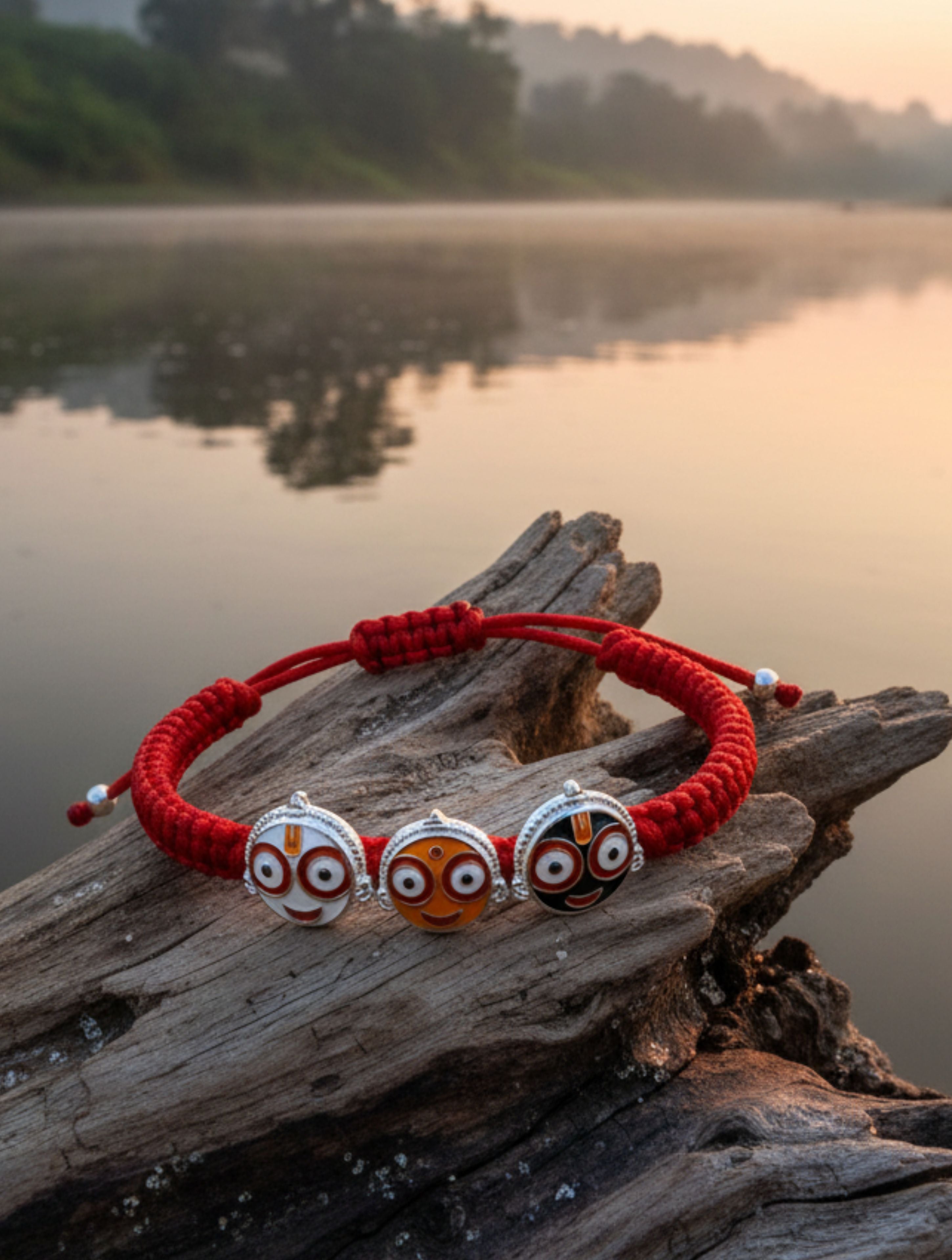 Silver Shree Jagannath ji Trio Bracelet In Red Thread