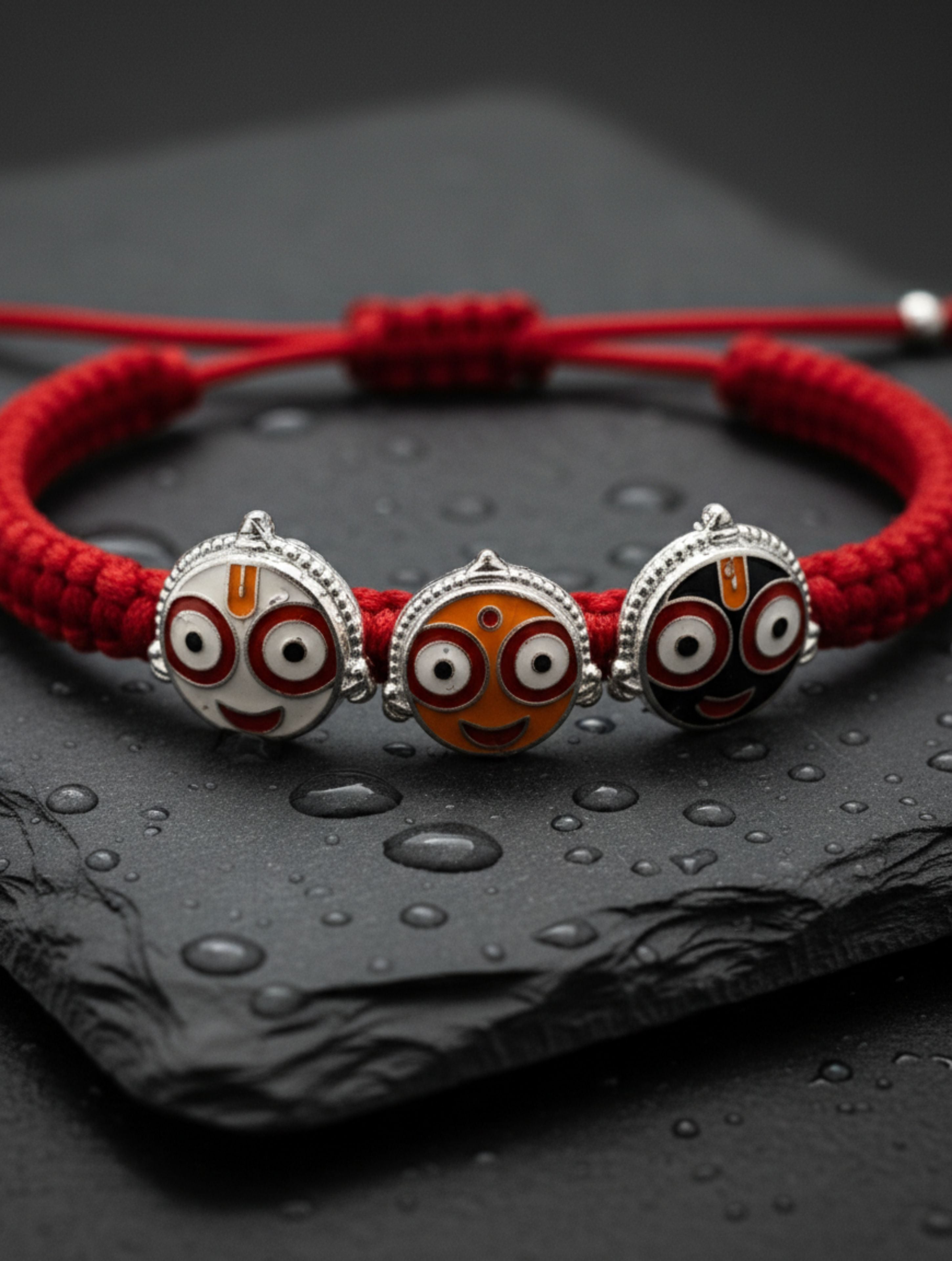 Silver Shree Jagannath ji Trio Bracelet In Red Thread