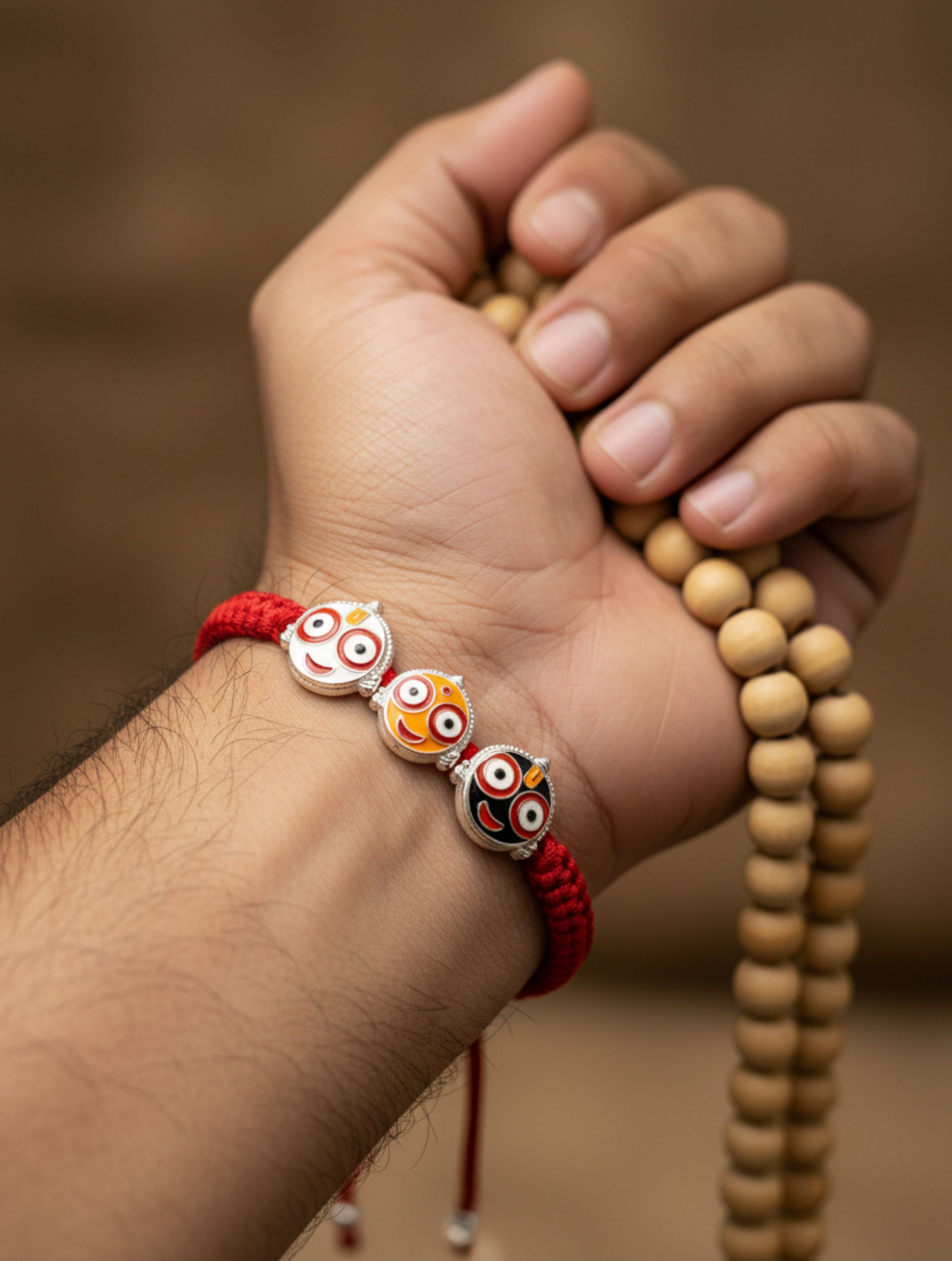 Silver Shree Jagannath ji Trio Bracelet In Red Thread