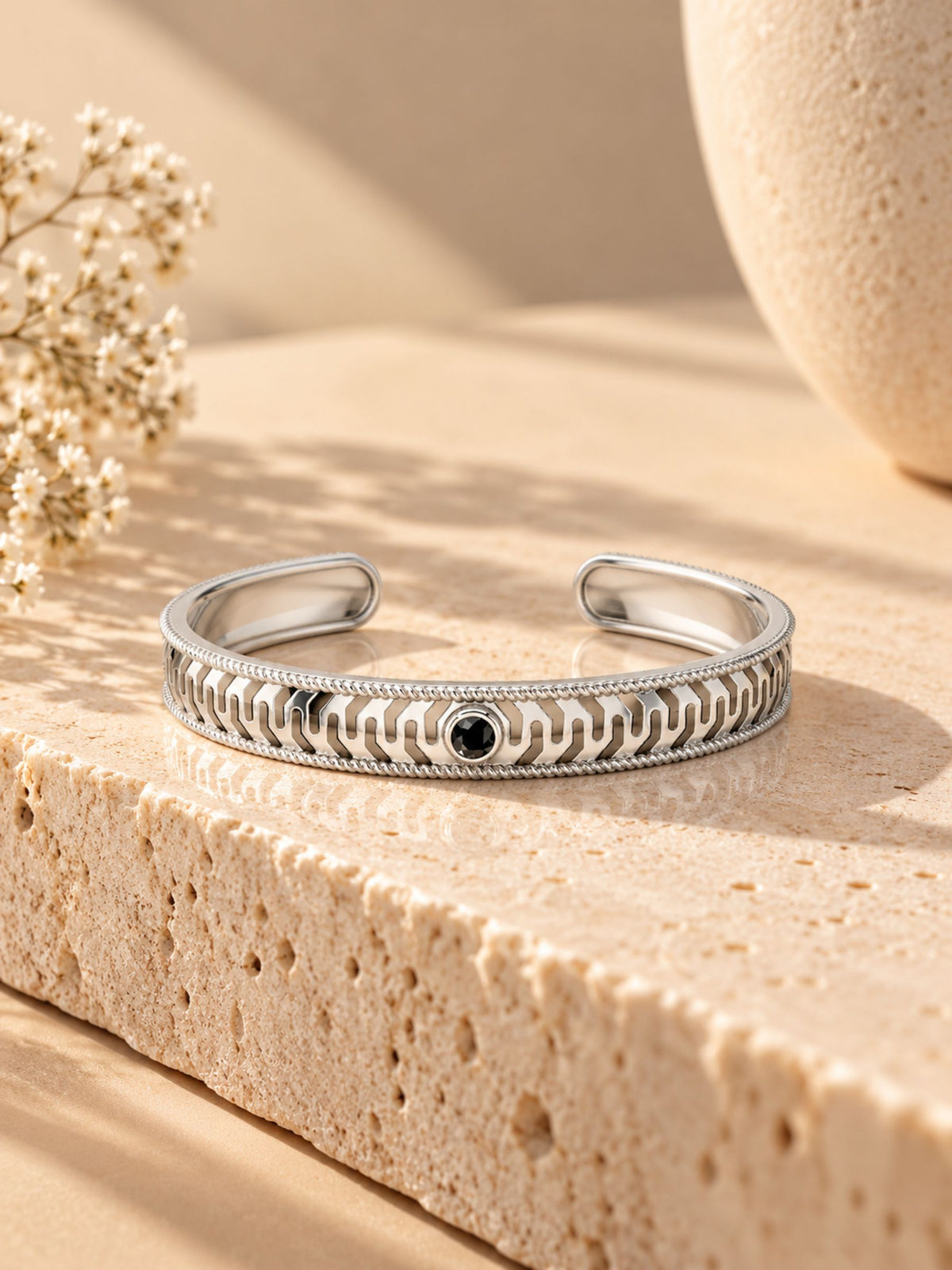 Black Onyx Engraved Cuff Bangle Oxidized Finish 925 Sterling Silver Bracelet For Men