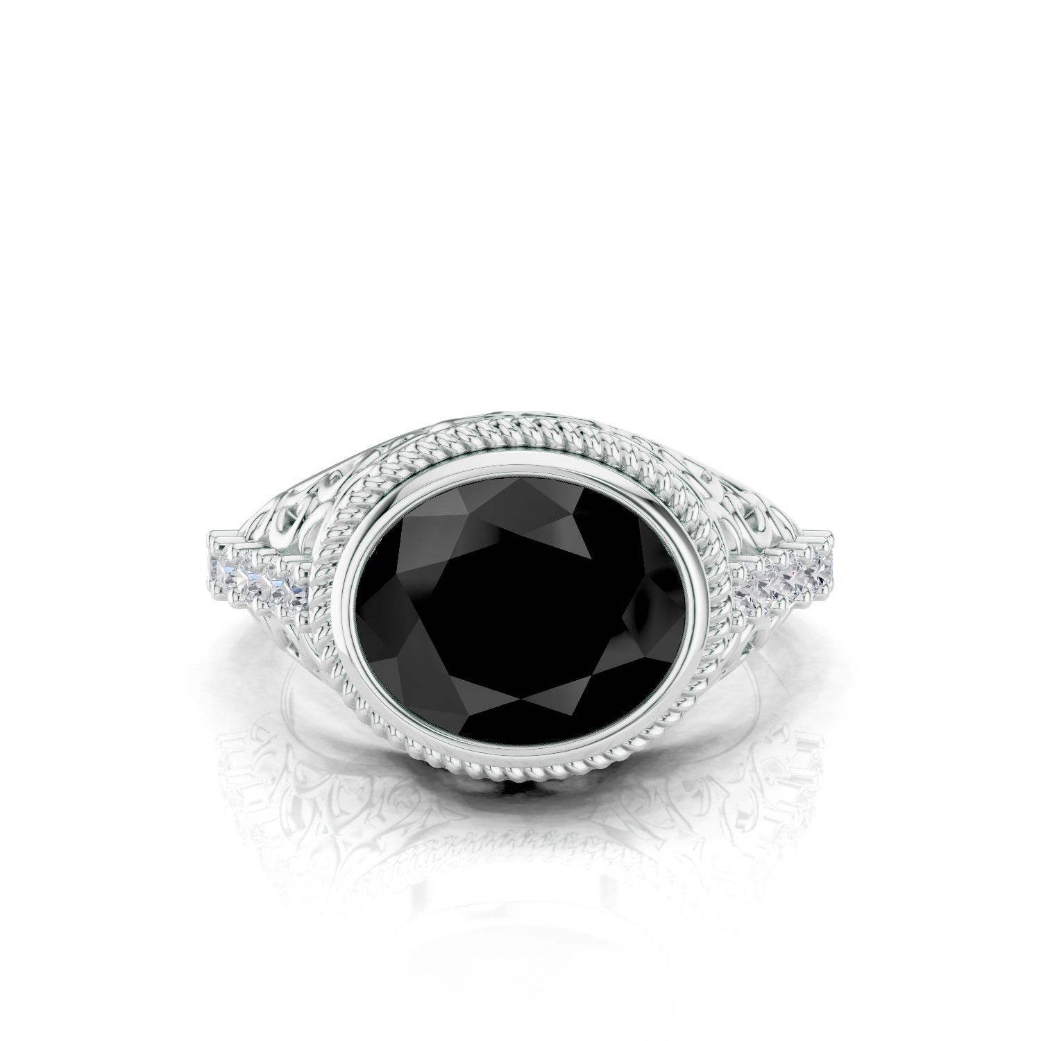 Geometric Filigree Black Onyx and Moissanite Silver Ring Oxidized 925 Sterling Silver Ring For Men